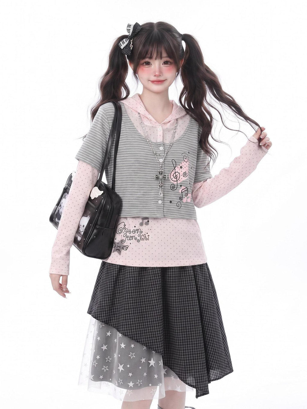 LaceBravo Striped Polka Dot Faux Two Piece Cardigan Women's Long Sleeve T-shirts