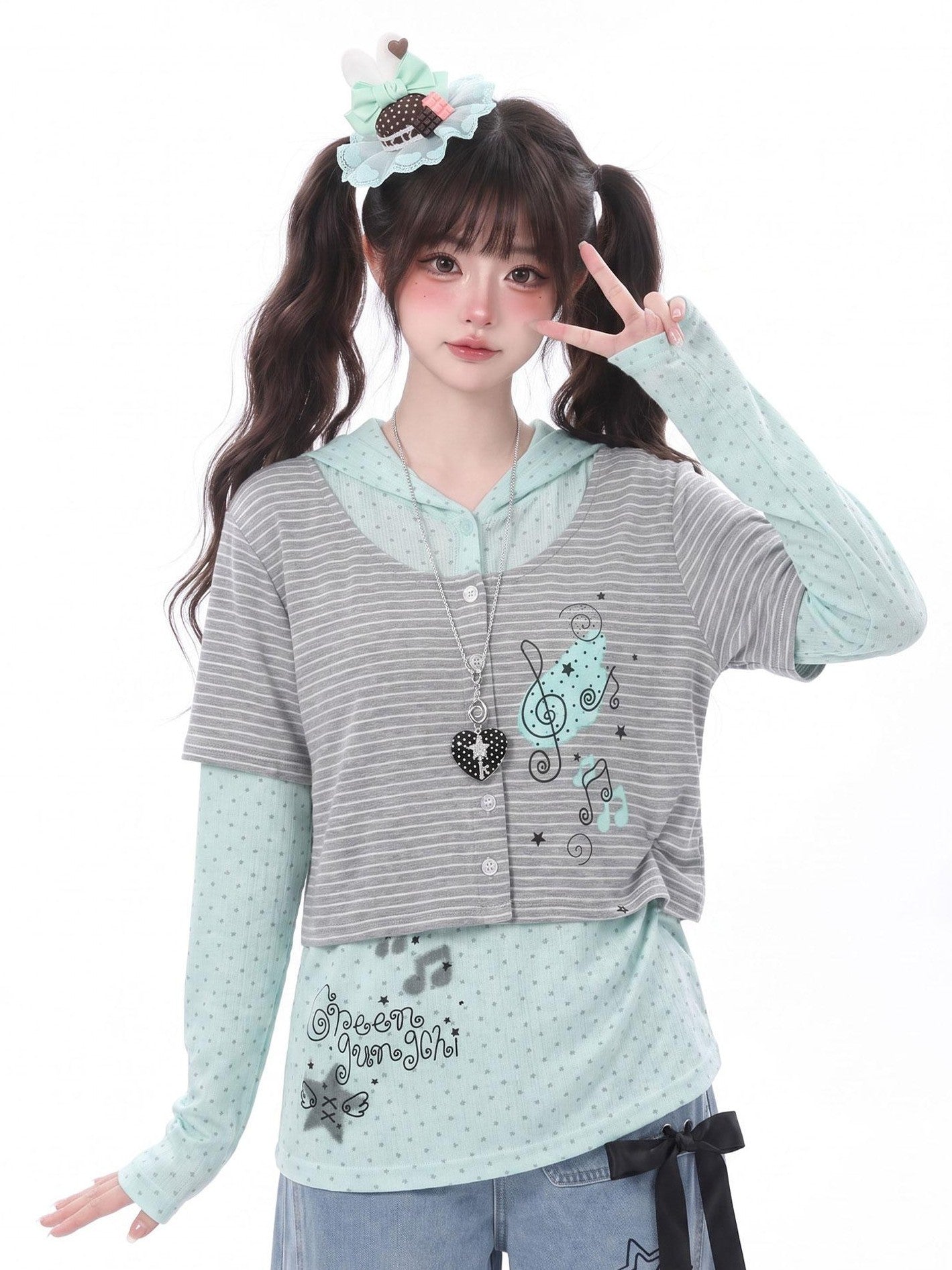 LaceBravo Striped Polka Dot Faux Two Piece Cardigan Women's Long Sleeve T-shirts