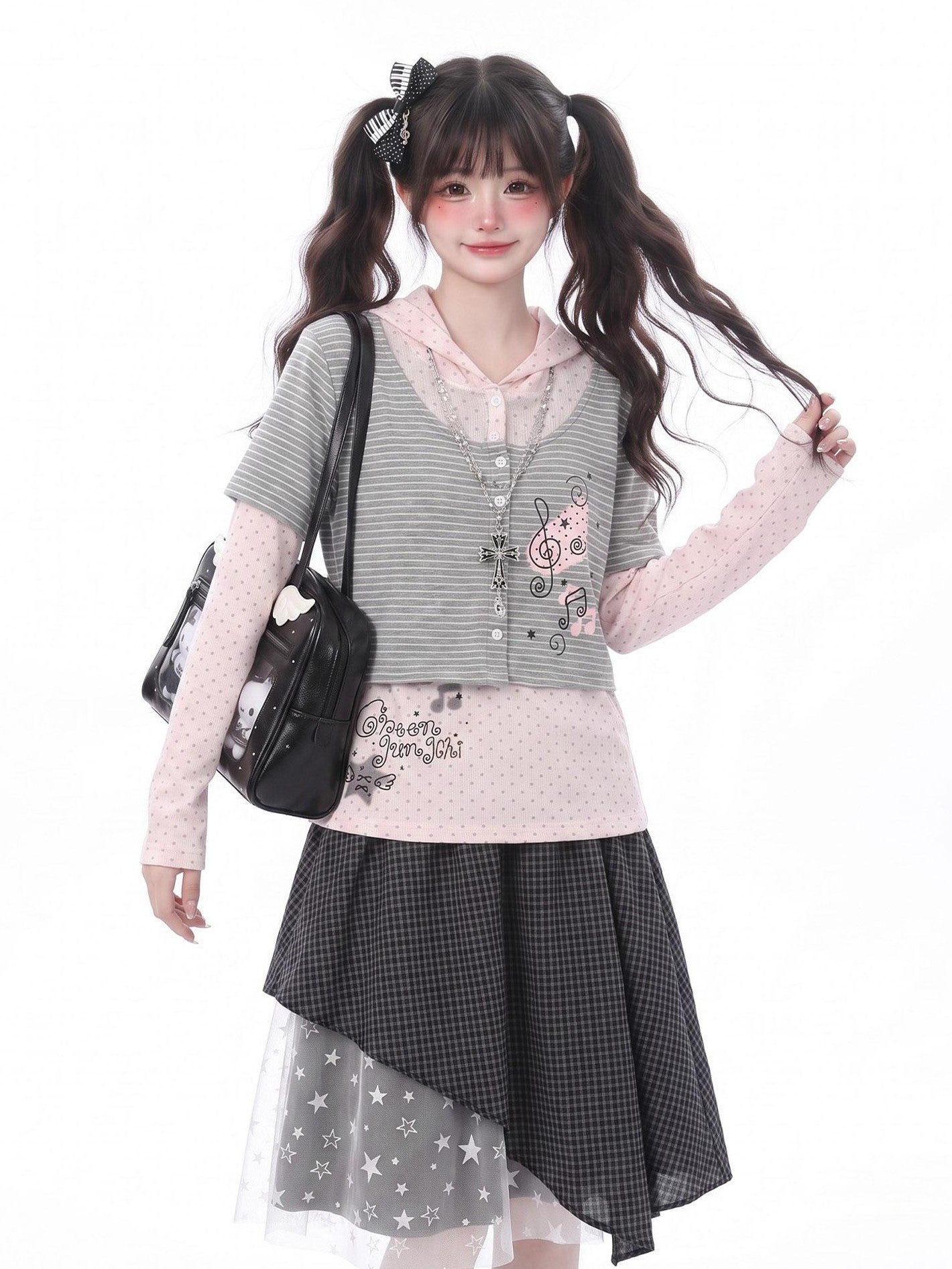 LaceBravo Striped Polka Dot Faux Two Piece Cardigan Women's Long Sleeve T-shirts