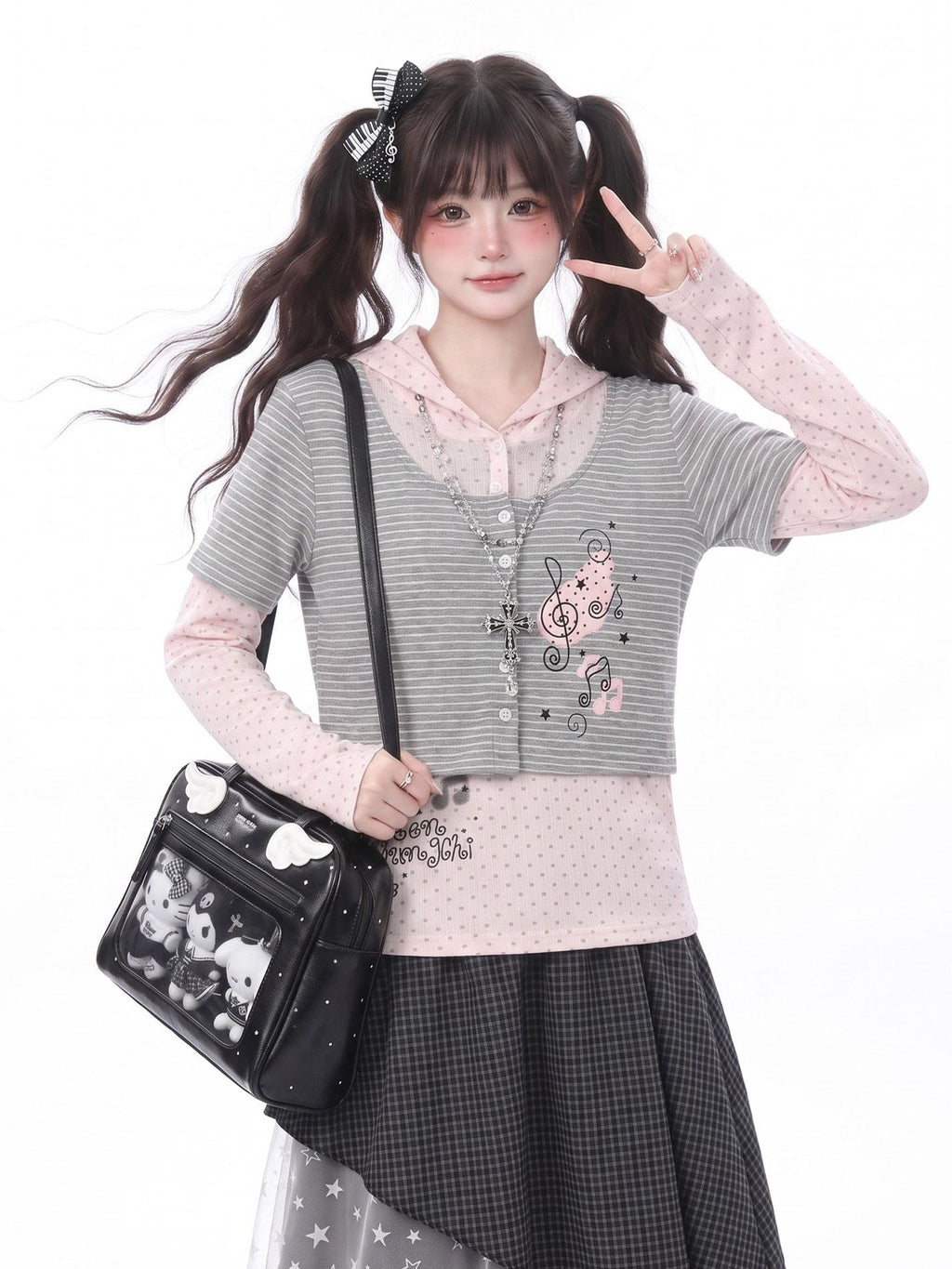 LaceBravo Striped Polka Dot Faux Two Piece Cardigan Women's Long Sleeve T-shirts