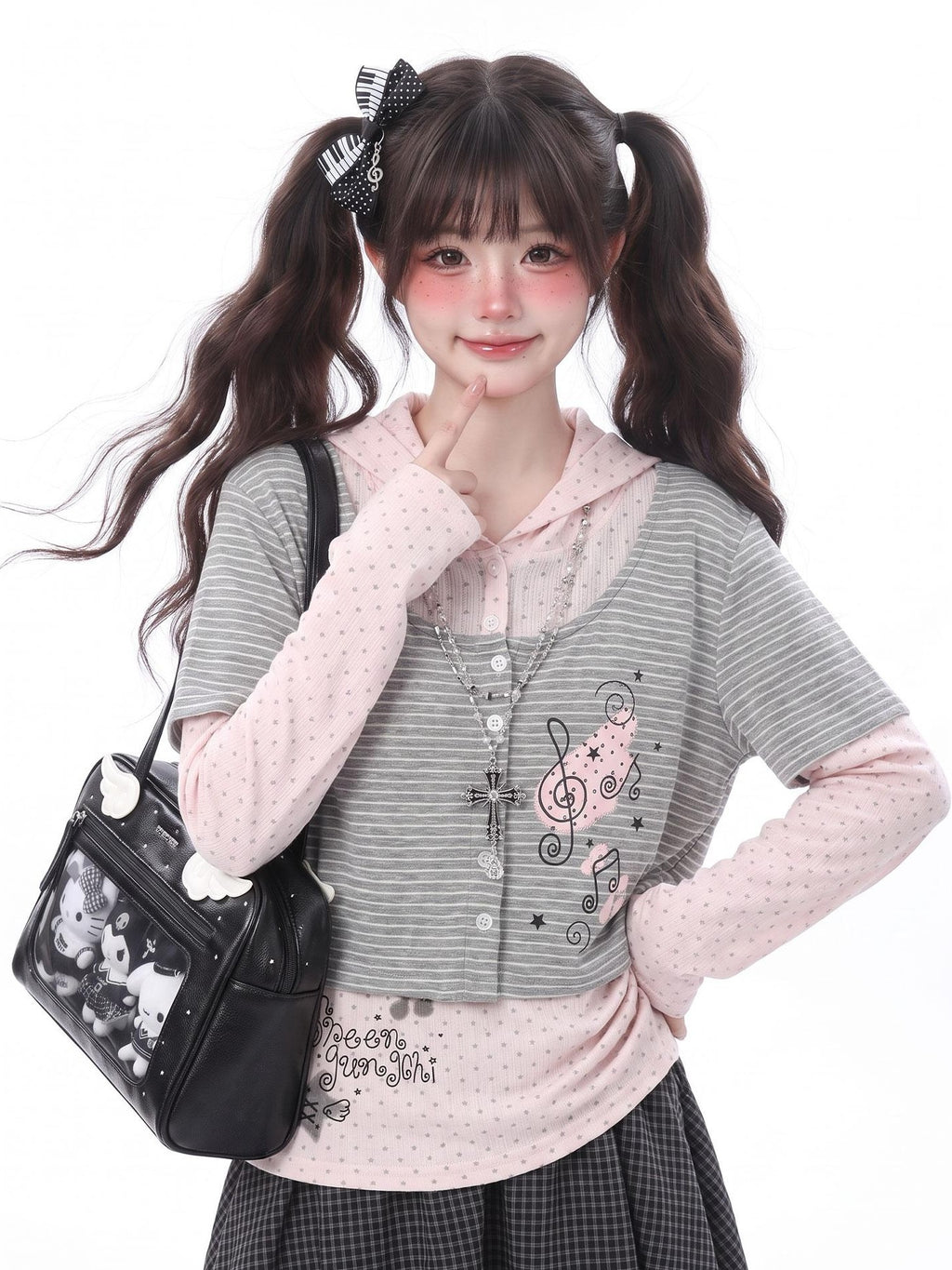 LaceBravo Striped Polka Dot Faux Two Piece Cardigan Women's Long Sleeve T-shirts