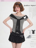 LaceBravo_Striped_Tie_Patchwork_Bow_Short_Sleeve_Women's_Off-shoulder_T-shirts_1060563798384_MISSTT