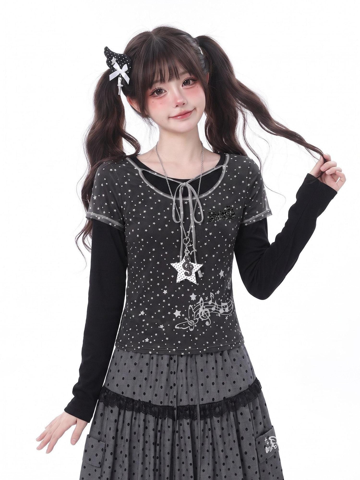 LaceBravo Sweet Faux Layered Star And Music Note Women's Mesh Long Sleeve T-shirts
