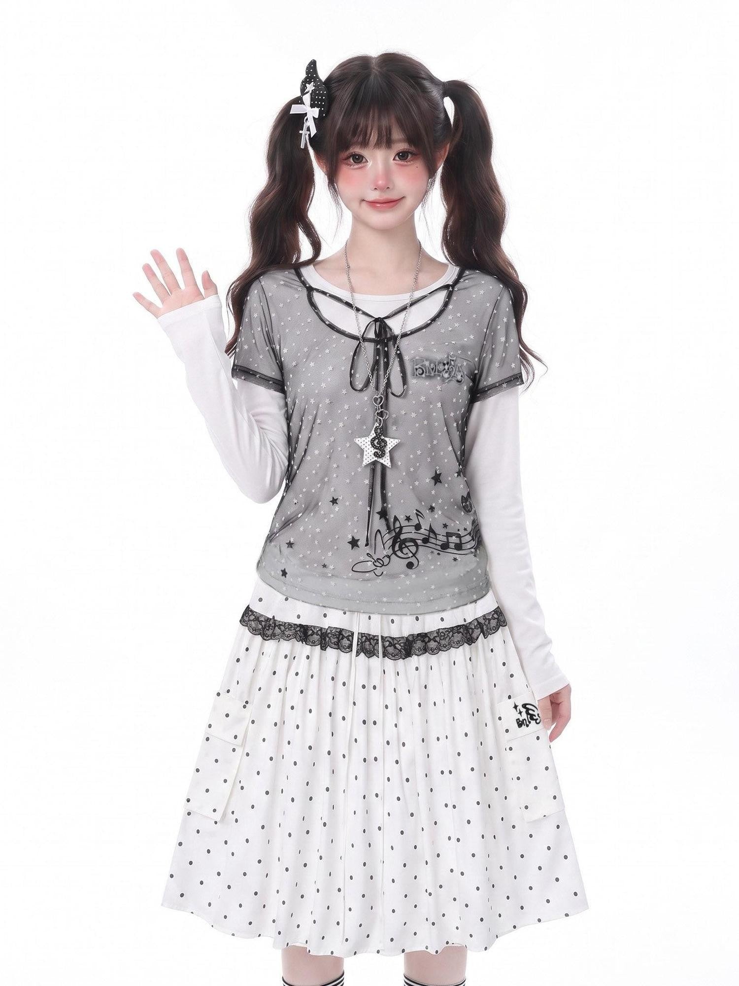 LaceBravo Sweet Faux Layered Star And Music Note Women's Mesh Long Sleeve T-shirts