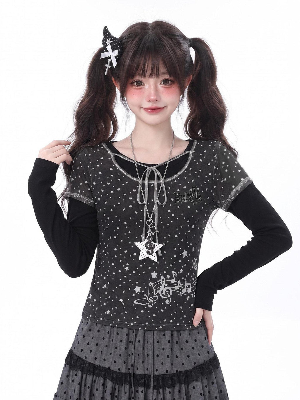 LaceBravo Sweet Faux Layered Star And Music Note Women's Mesh Long Sleeve T-shirts