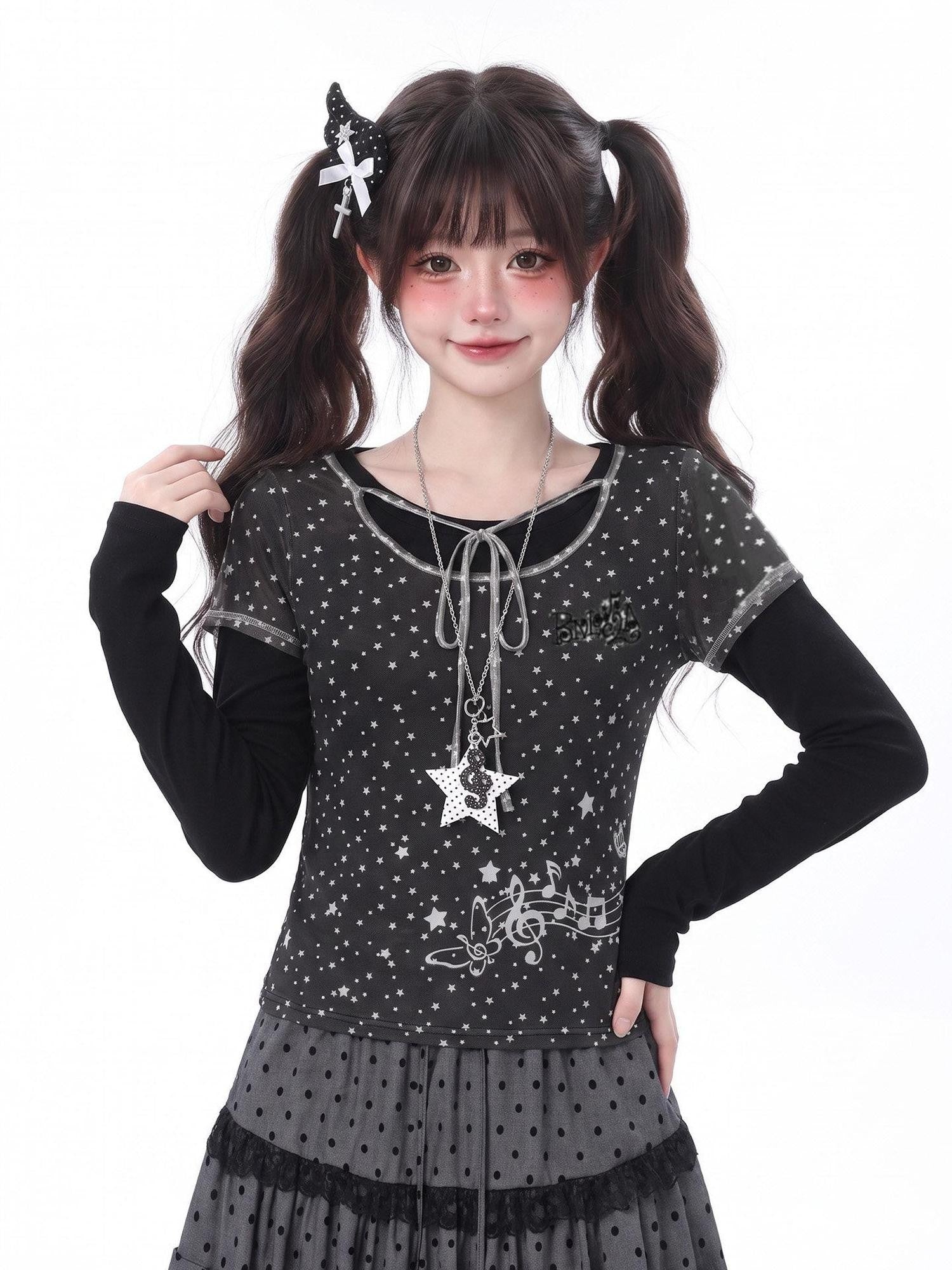 LaceBravo Sweet Faux Layered Star And Music Note Women's Mesh Long Sleeve T-shirts