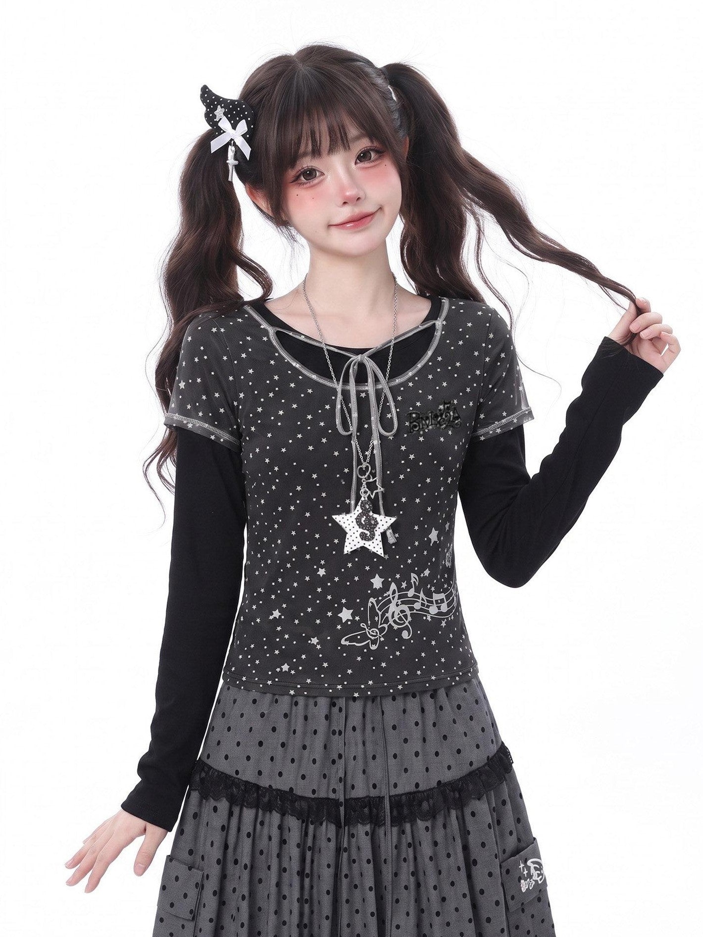 LaceBravo Sweet Faux Layered Star And Music Note Women's Mesh Long Sleeve T-shirts