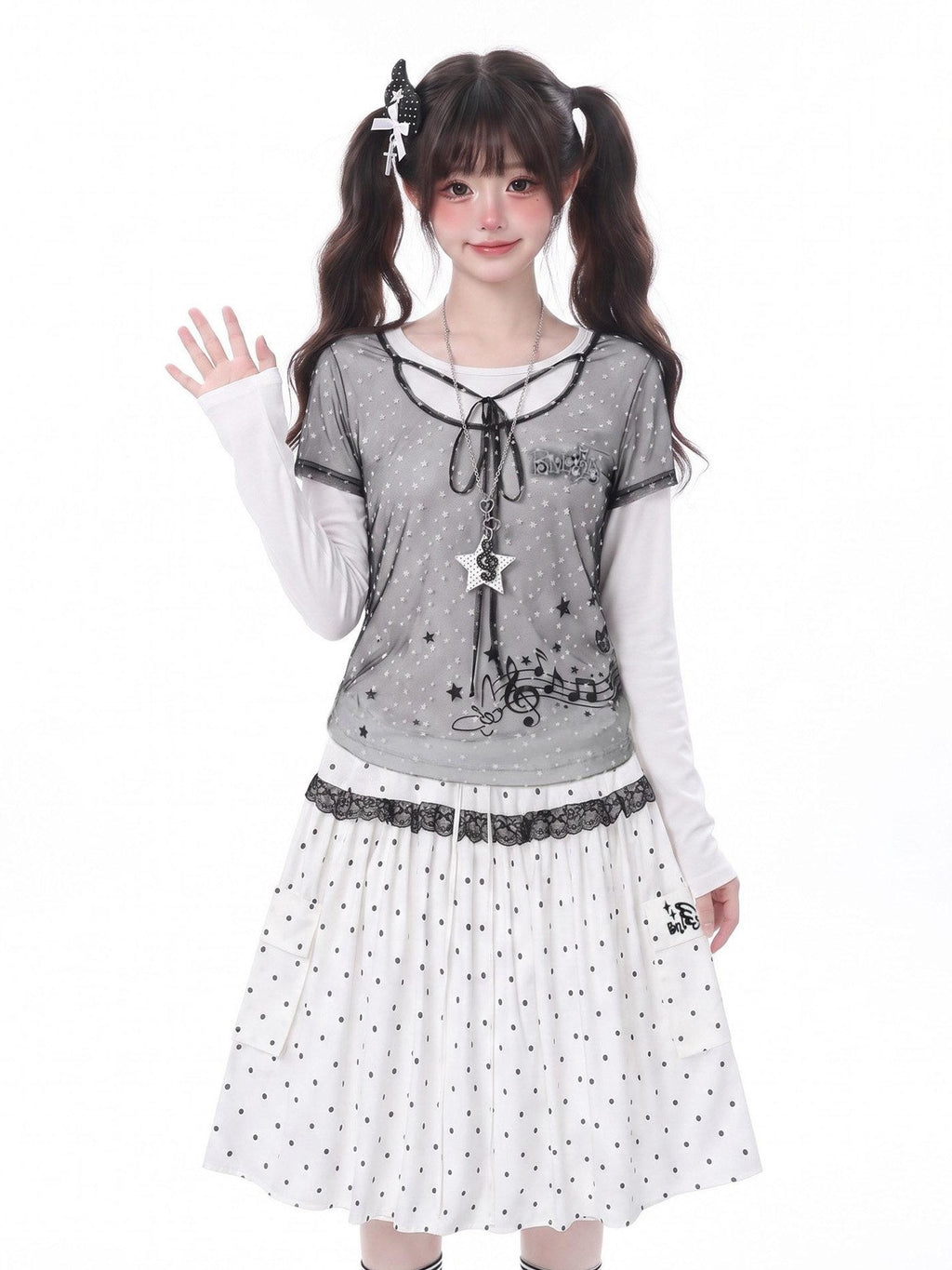 LaceBravo Sweet Faux Layered Star And Music Note Women's Mesh Long Sleeve T-shirts