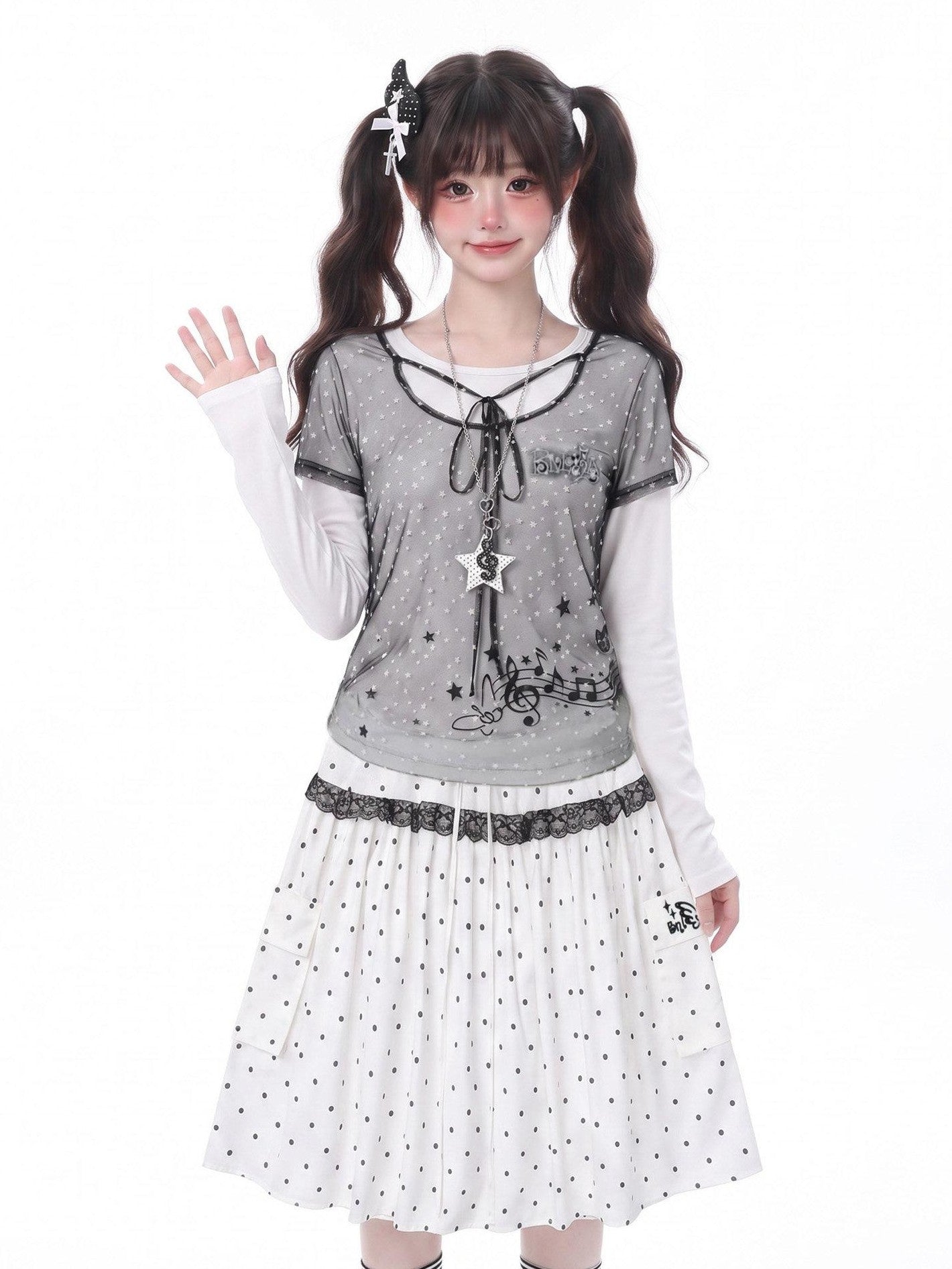 LaceBravo Sweet Faux Layered Star And Music Note Women's Mesh Long Sleeve T-shirts