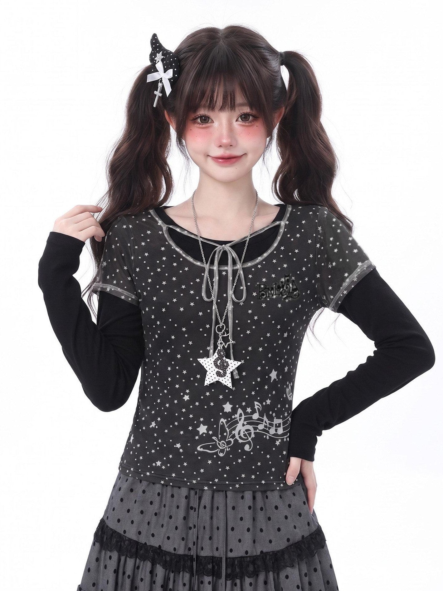 LaceBravo Sweet Faux Layered Star And Music Note Women's Mesh Long Sleeve T-shirts