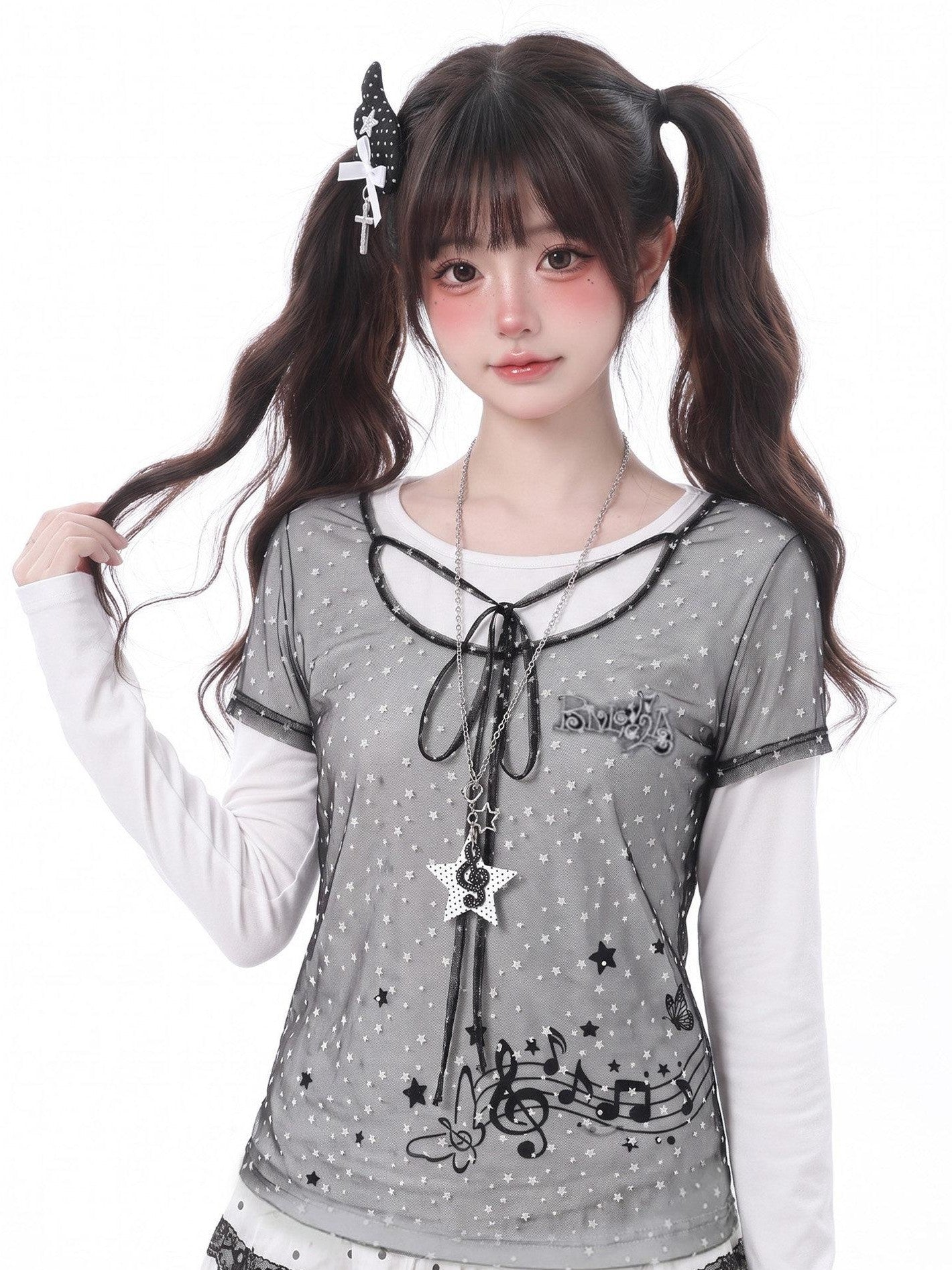 LaceBravo Sweet Faux Layered Star And Music Note Women's Mesh Long Sleeve T-shirts