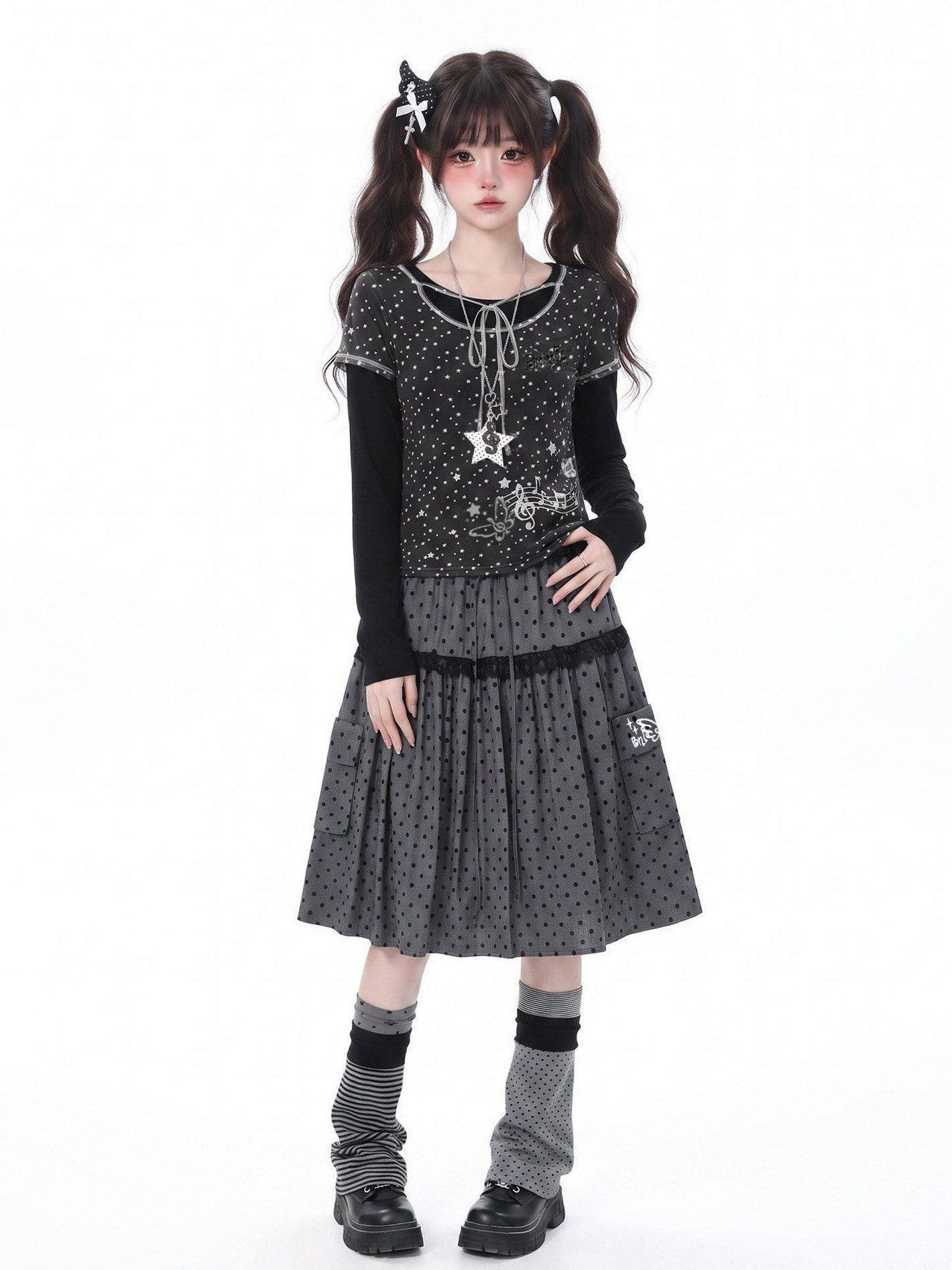 LaceBravo Sweet Faux Layered Star And Music Note Women's Mesh Long Sleeve T-shirts