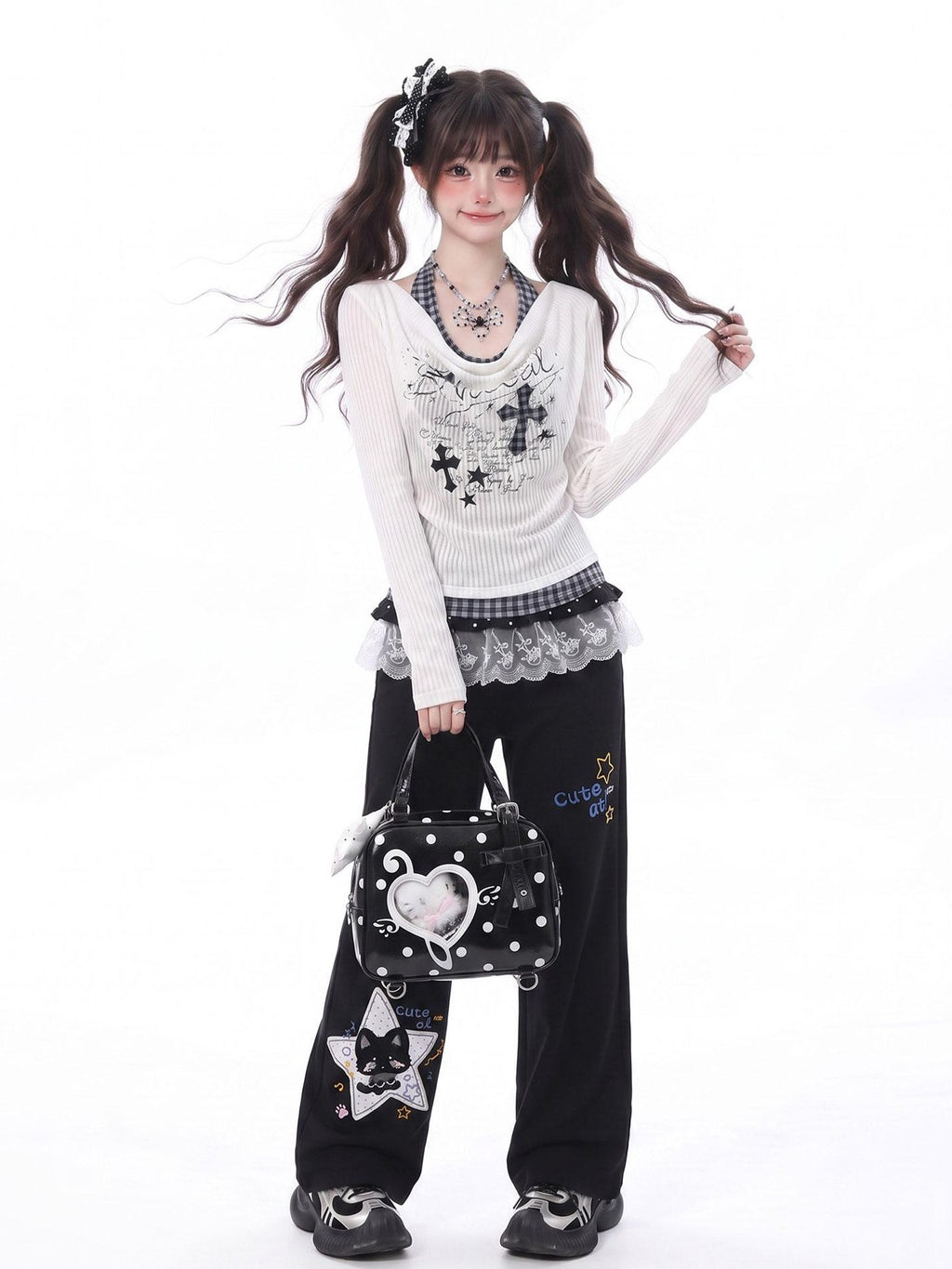 LaceBravo Sweet Faux Two Piece Halter Cross Print Women's Lace Long Sleeve T-shirts