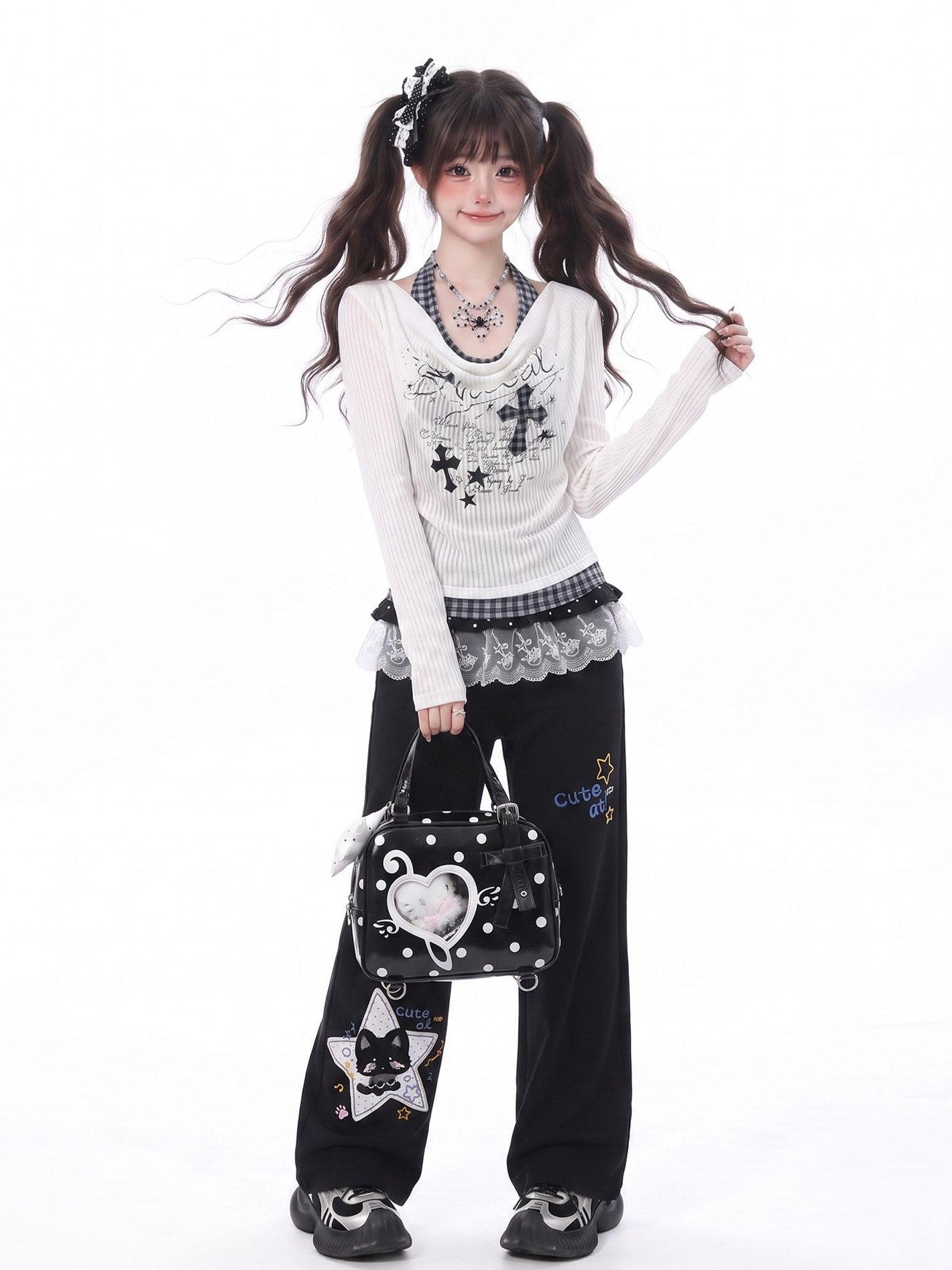 LaceBravo Sweet Faux Two Piece Halter Cross Print Women's Lace Long Sleeve T-shirts