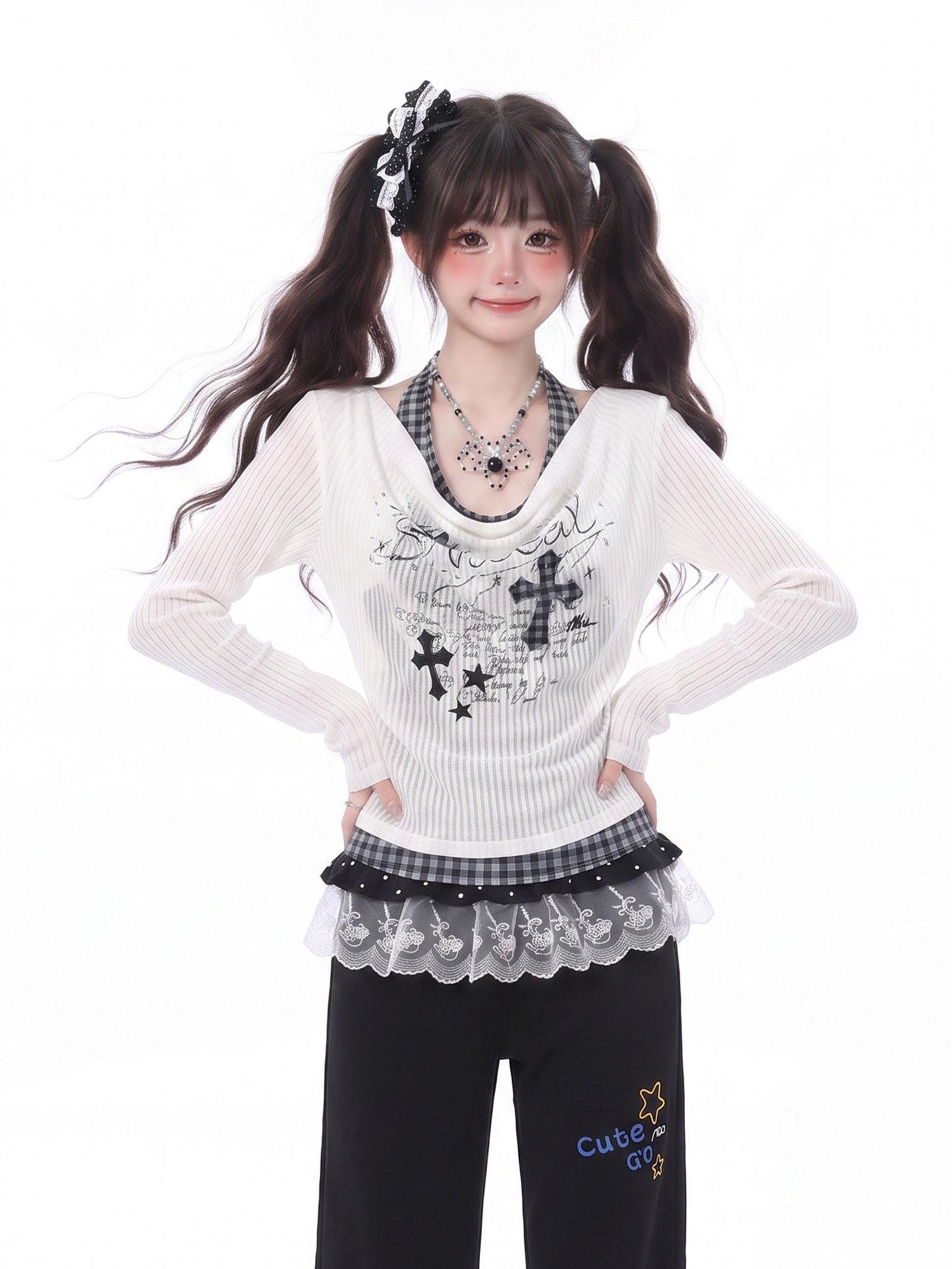 LaceBravo Sweet Faux Two Piece Halter Cross Print Women's Lace Long Sleeve T-shirts