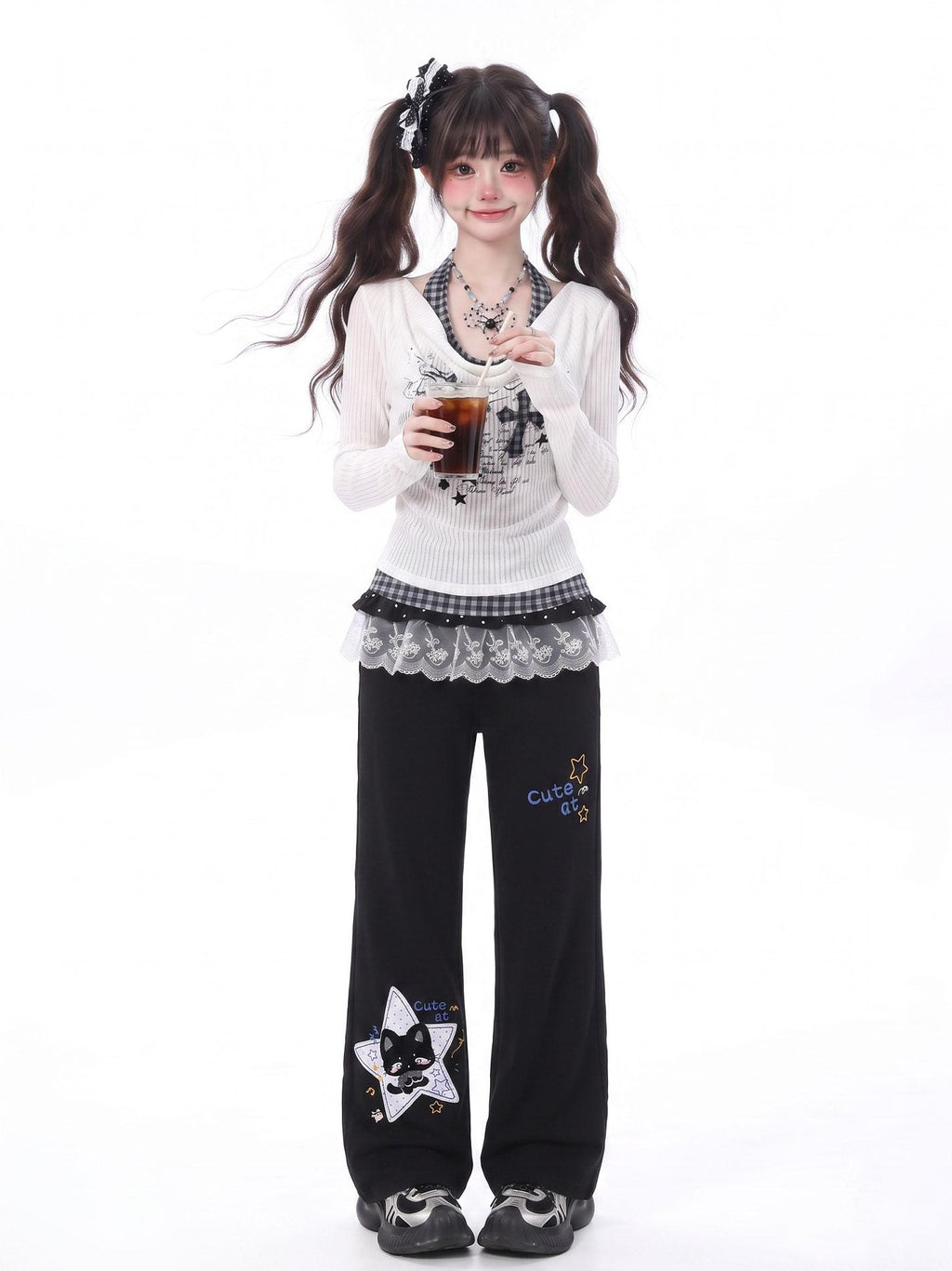 LaceBravo Sweet Faux Two Piece Halter Cross Print Women's Lace Long Sleeve T-shirts
