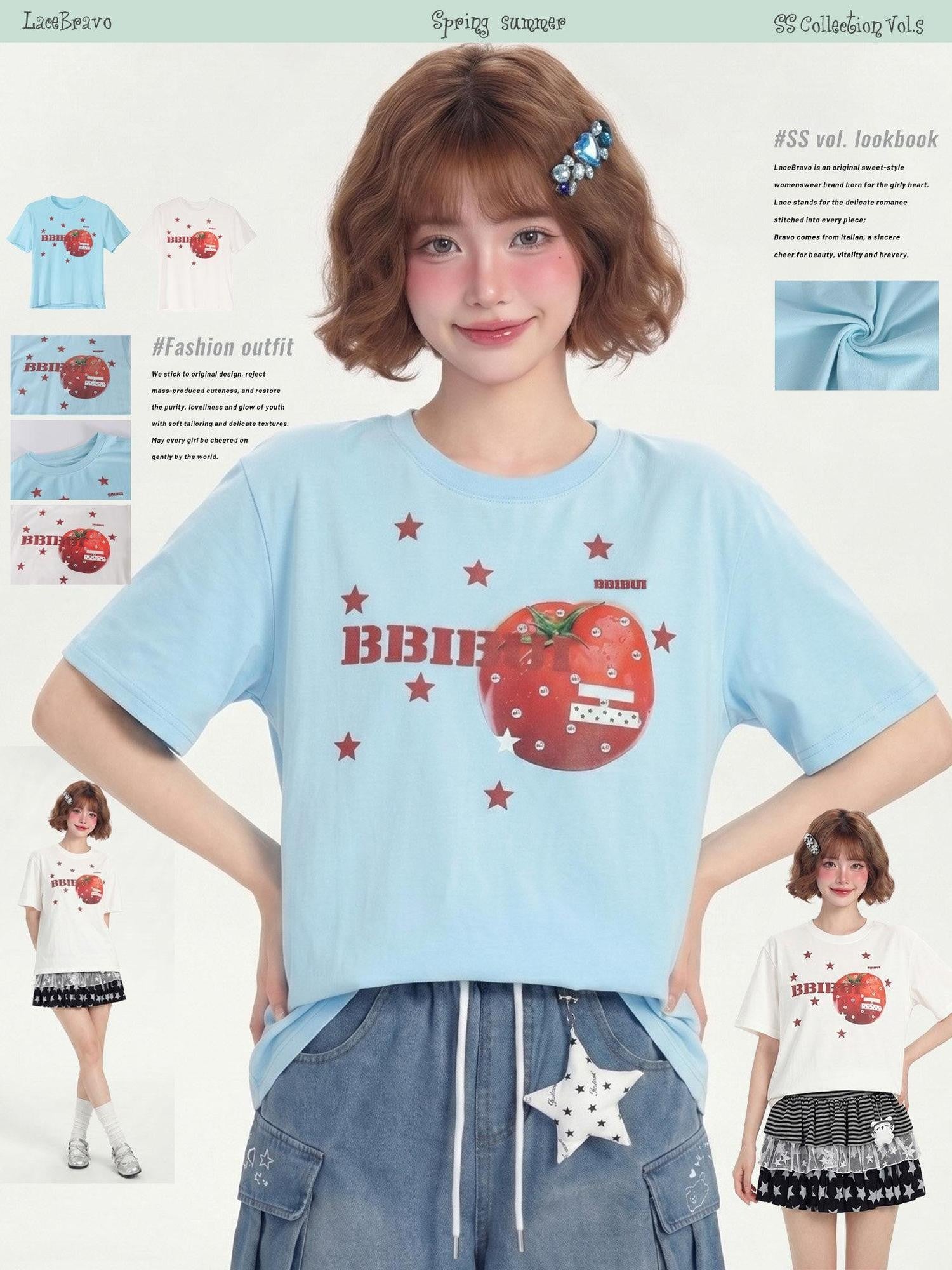 LaceBravo Tomato Red Dopamine Star Print Retro Women's Loose Slim Short Sleeve T-shirts