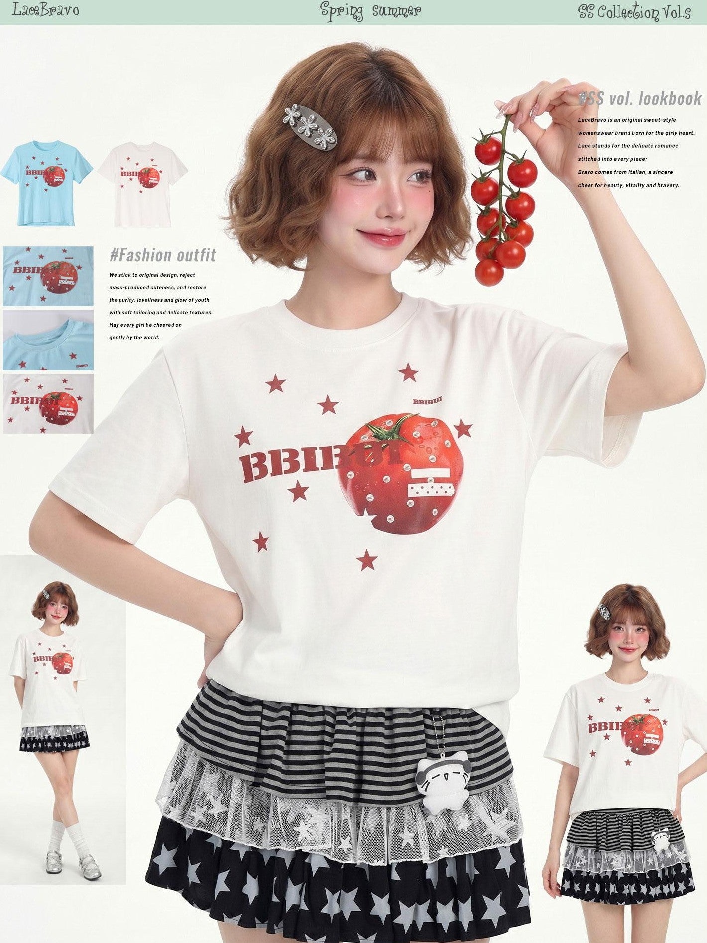 LaceBravo Tomato Red Dopamine Star Print Retro Women's Loose Slim Short Sleeve T-shirts