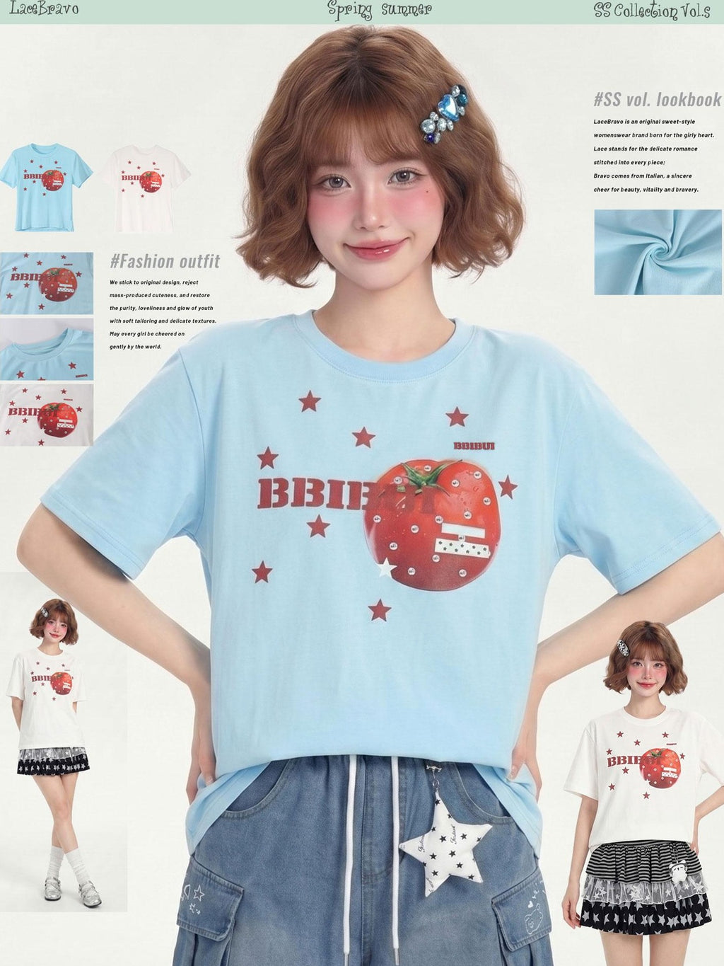 LaceBravo Tomato Red Dopamine Star Print Retro Women's Loose Slim Short Sleeve T-shirts
