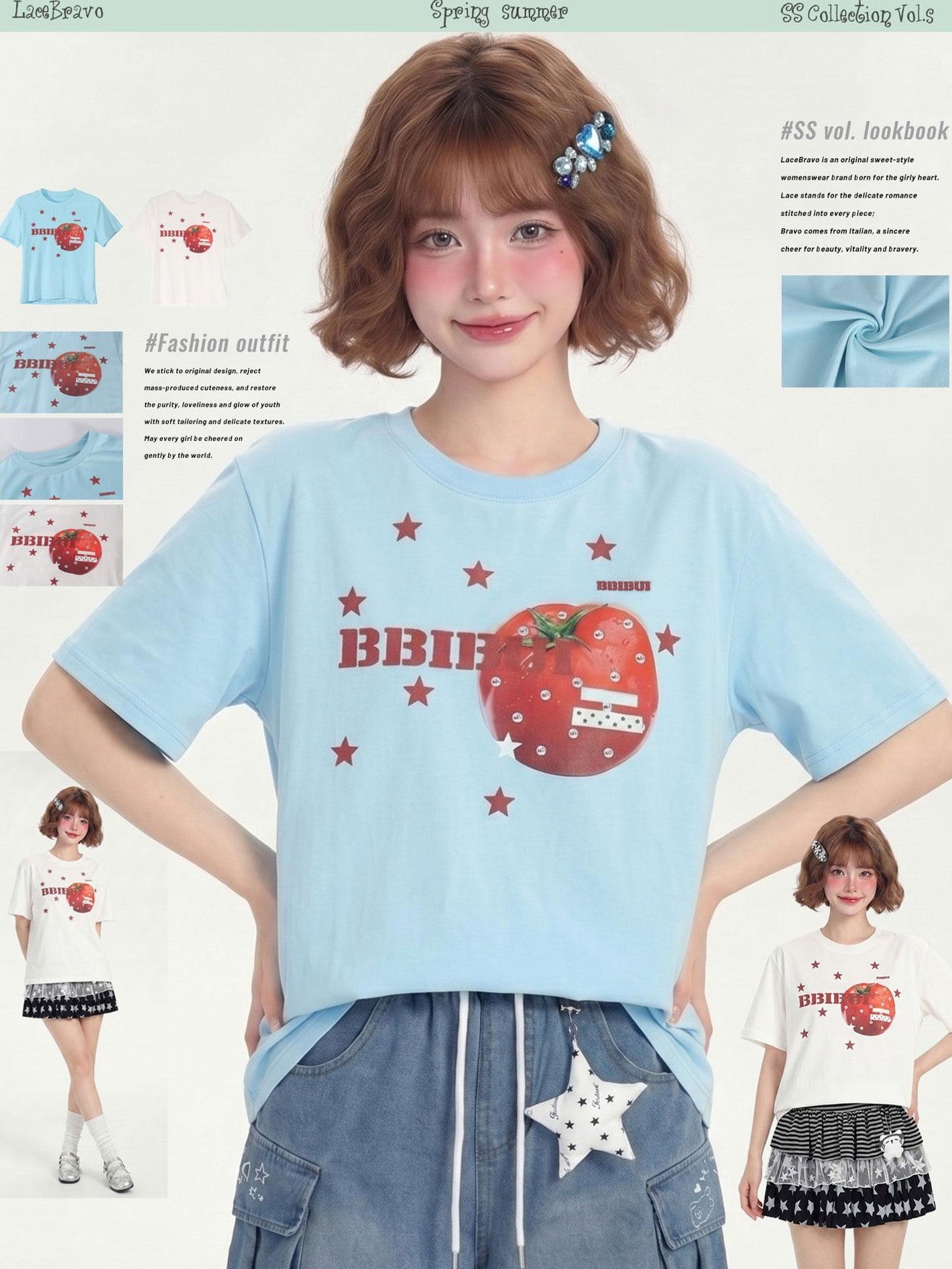 LaceBravo Tomato Red Dopamine Star Print Retro Women's Loose Slim Short Sleeve T-shirts