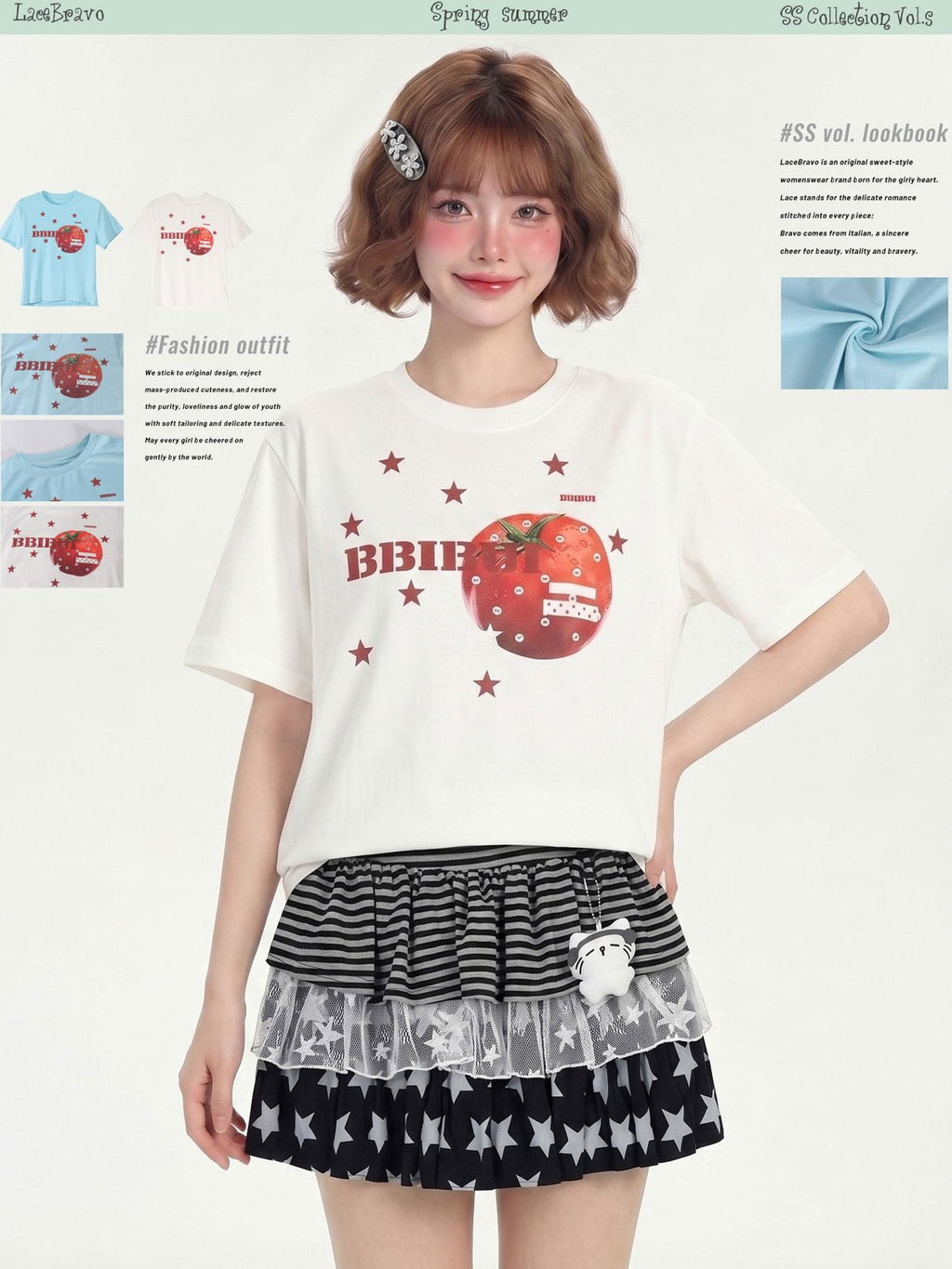 LaceBravo Tomato Red Dopamine Star Print Retro Women's Loose Slim Short Sleeve T-shirts