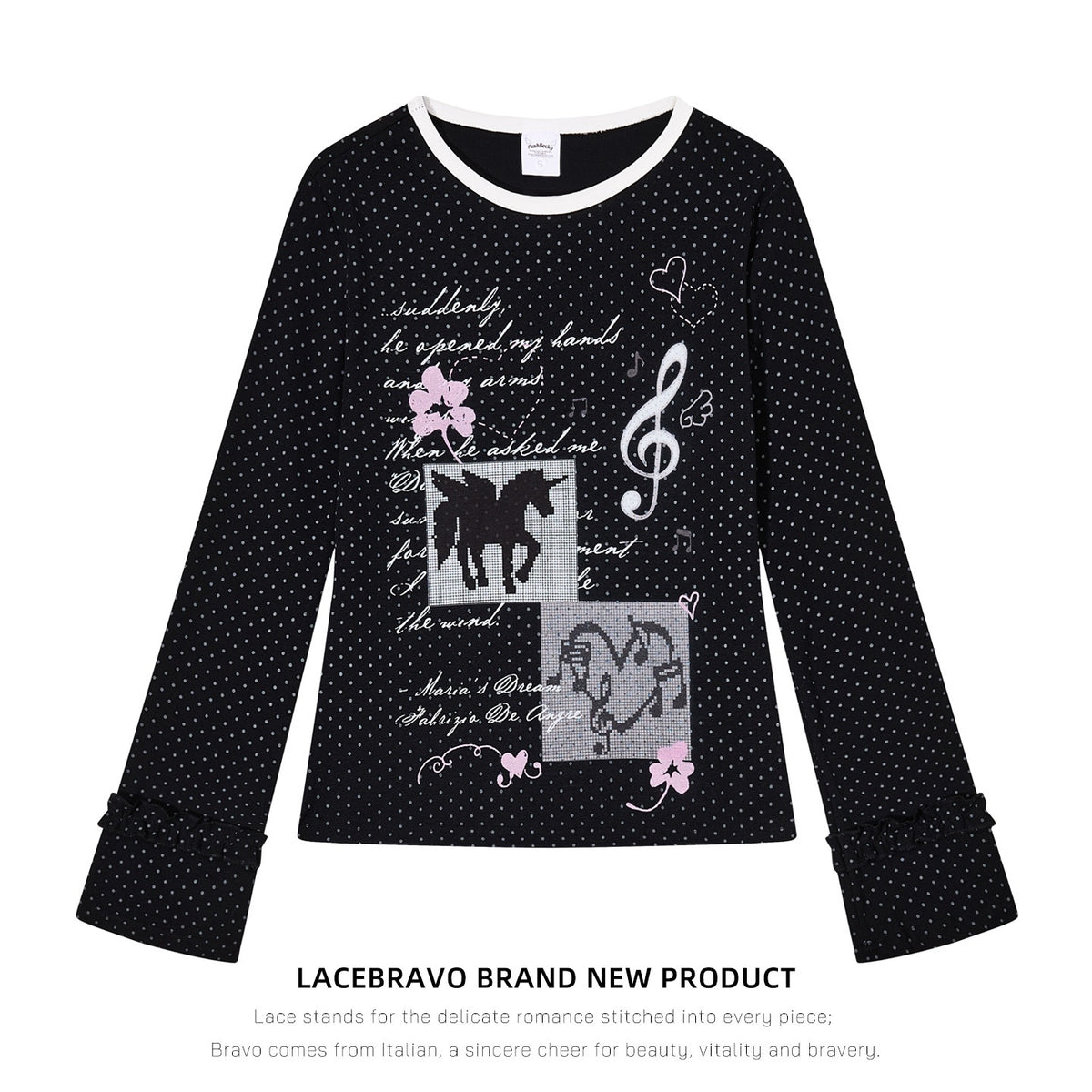LaceBravo_Unicorn_Polka_Dot_Music_Note_Print_Flare_Sleeve_Women's_Cotton_Long_Sleeve_T-shirts_1089033942063_MISSTT