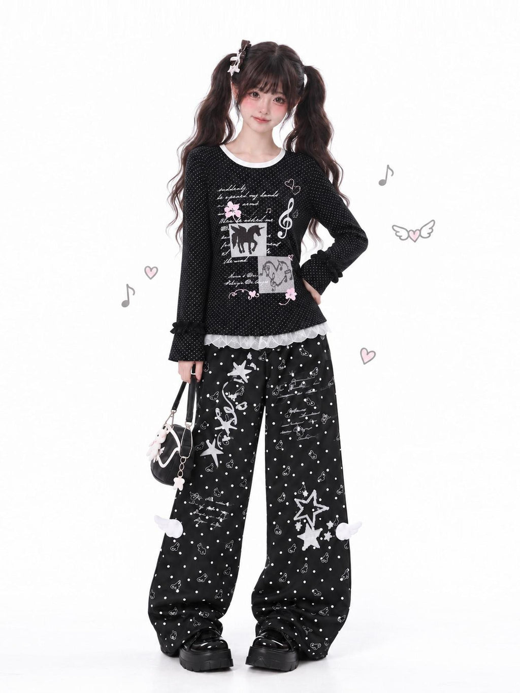 LaceBravo Unicorn Polka Dot Music Note Print Flare Sleeve Women's Cotton Long Sleeve T-shirts