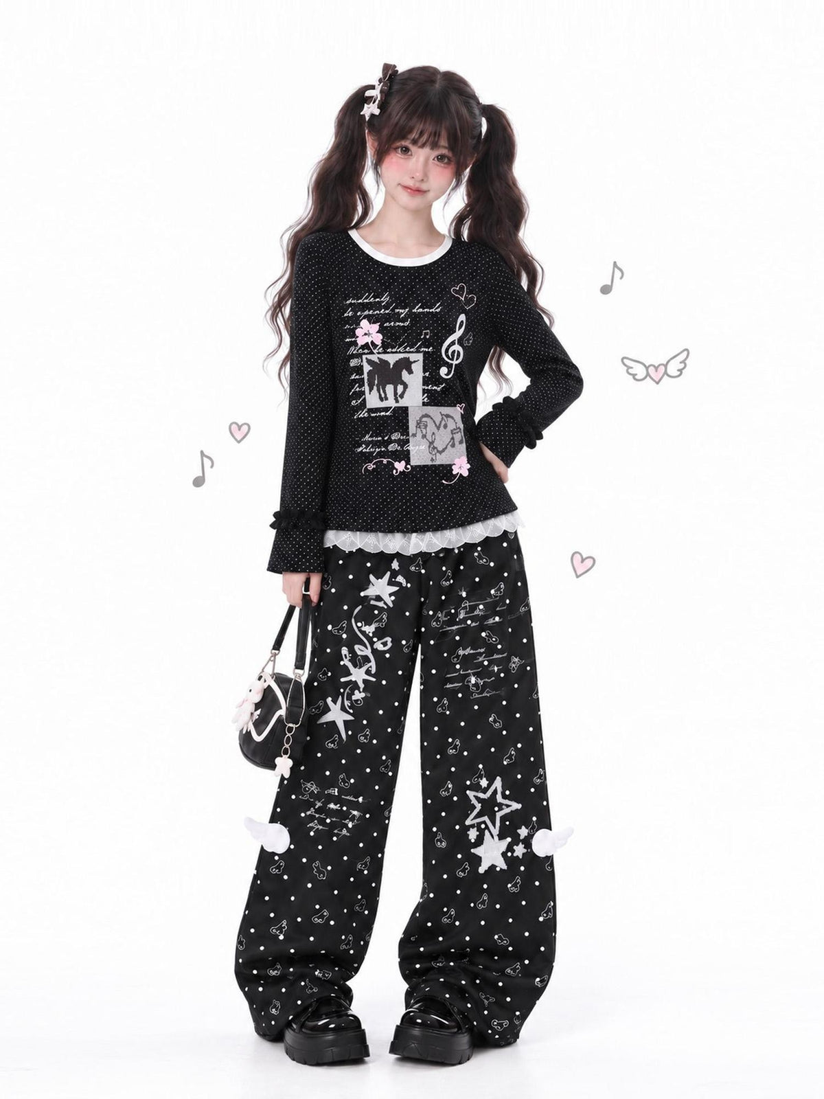 LaceBravo Unicorn Polka Dot Music Note Print Flare Sleeve Women's Cotton Long Sleeve T-shirts