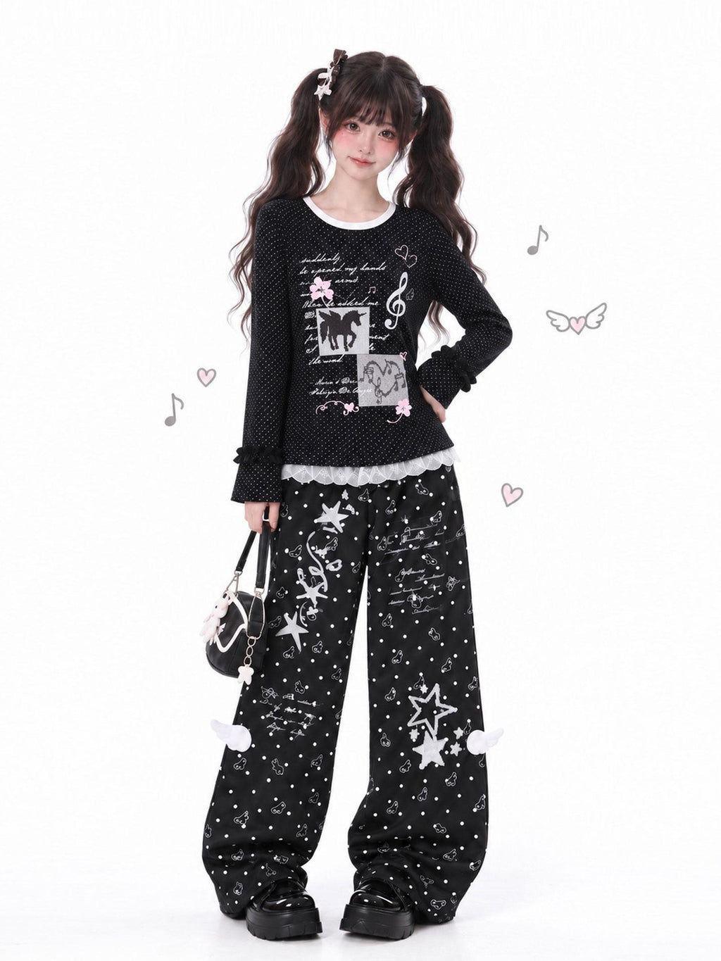 LaceBravo Unicorn Polka Dot Music Note Print Flare Sleeve Women's Cotton Long Sleeve T-shirts