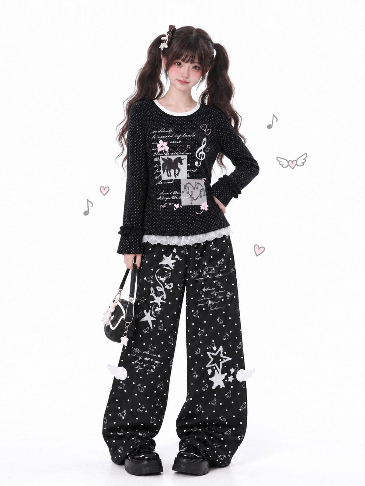 LaceBravo Unicorn Polka Dot Music Note Print Flare Sleeve Women's Cotton Long Sleeve T-shirts