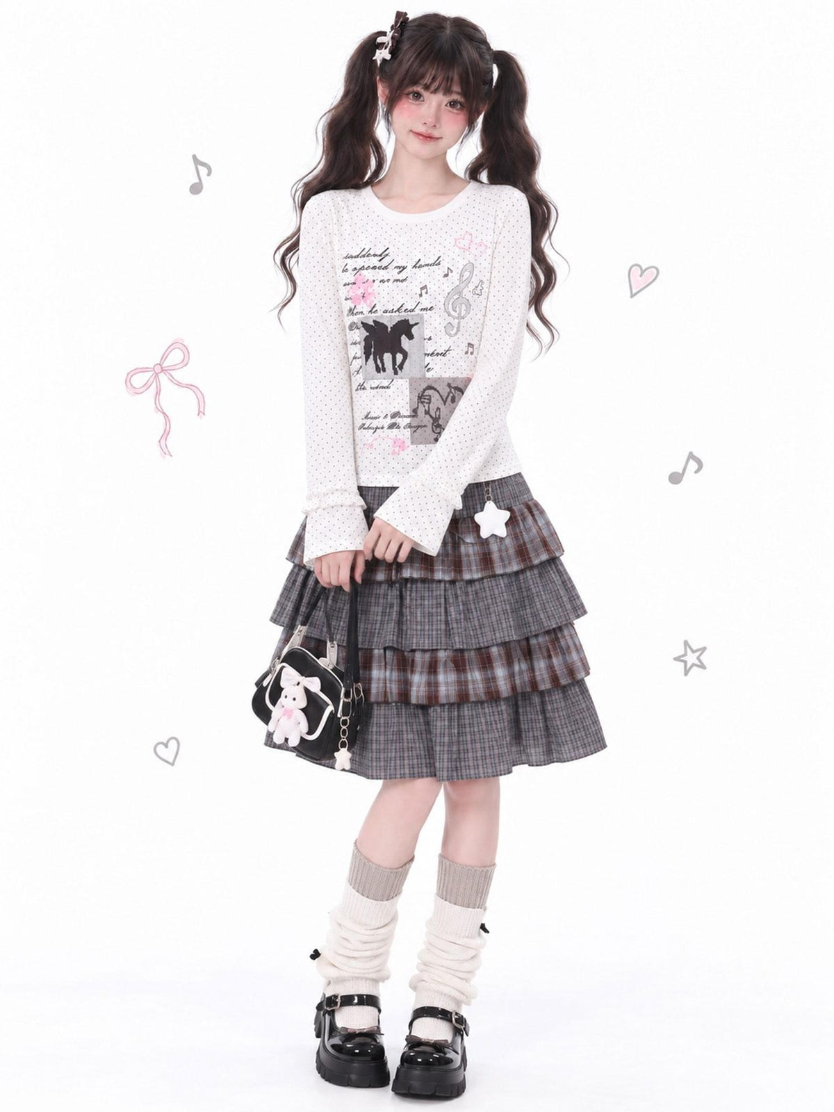 LaceBravo Unicorn Polka Dot Music Note Print Flare Sleeve Women's Cotton Long Sleeve T-shirts