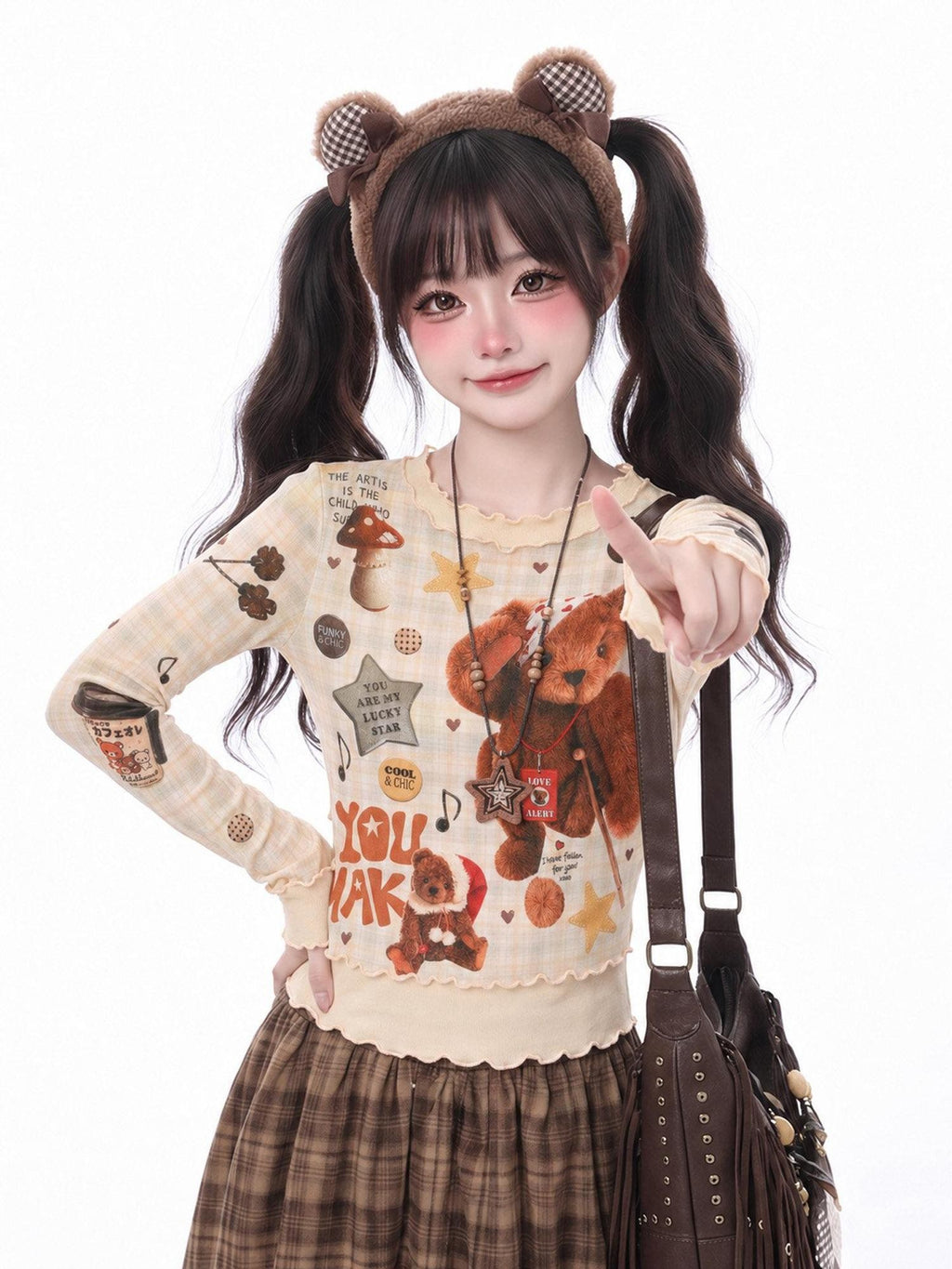 LaceBravo Vintage Bear Print Lettuce Trim Slim Fit Women's Long Sleeve T-shirts