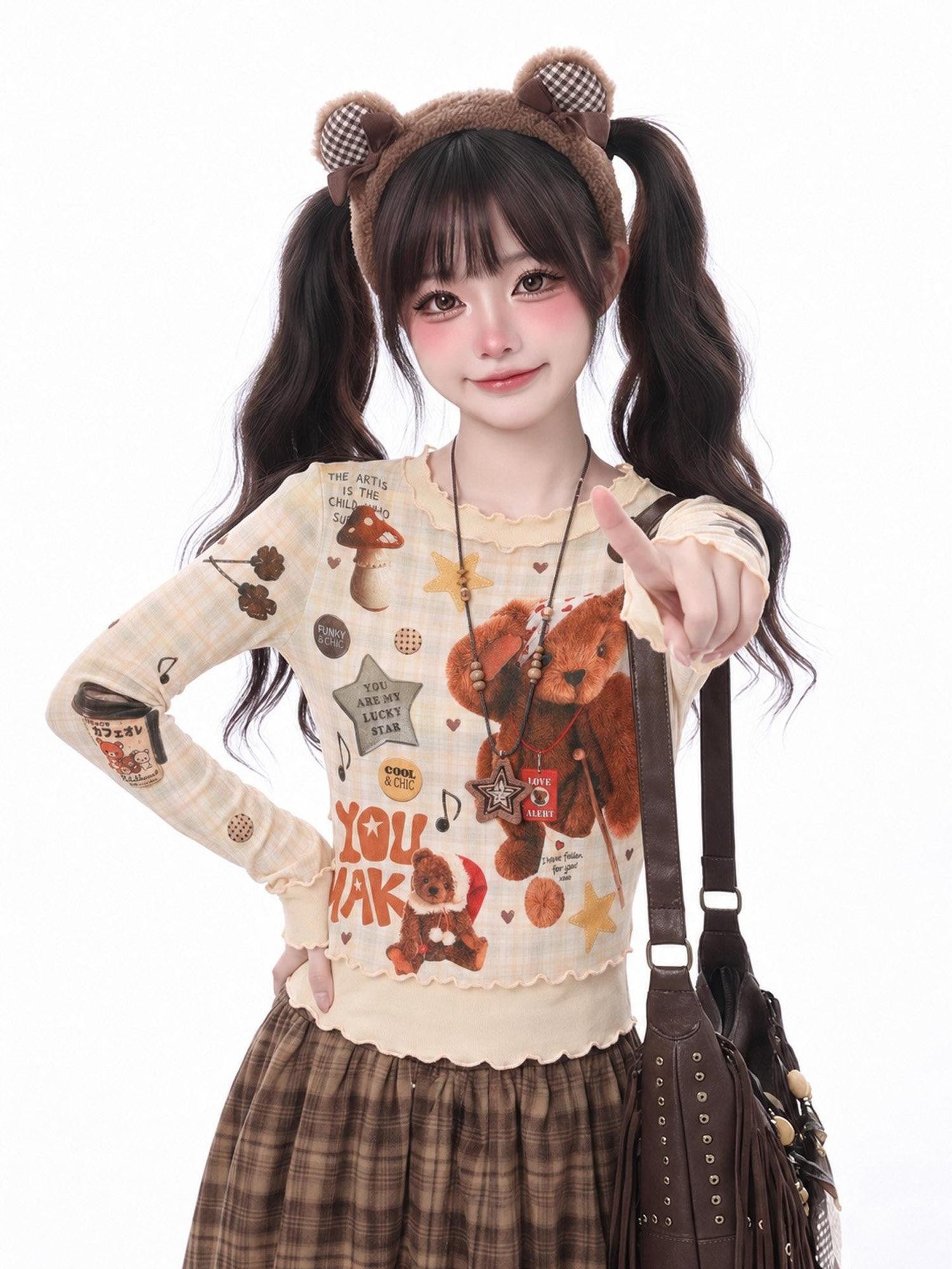 LaceBravo Vintage Bear Print Lettuce Trim Slim Fit Women's Long Sleeve T-shirts