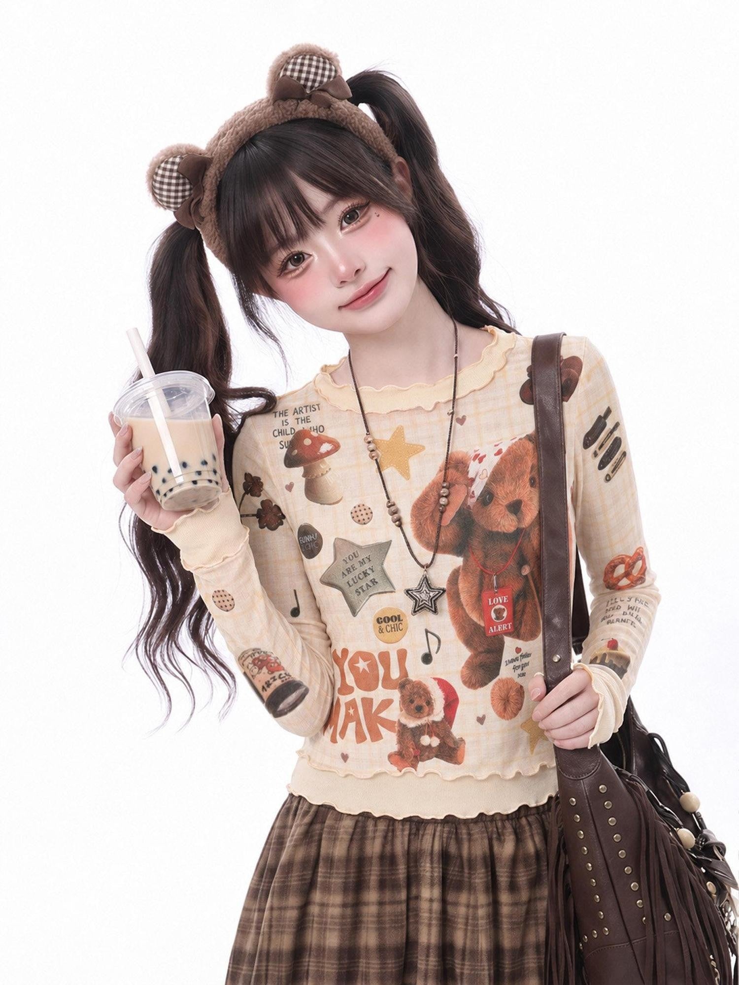 LaceBravo Vintage Bear Print Lettuce Trim Slim Fit Women's Long Sleeve T-shirts