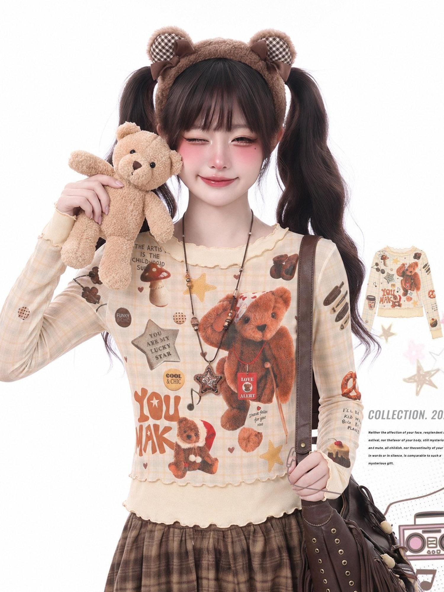 LaceBravo Vintage Bear Print Lettuce Trim Slim Fit Women's Long Sleeve T-shirts