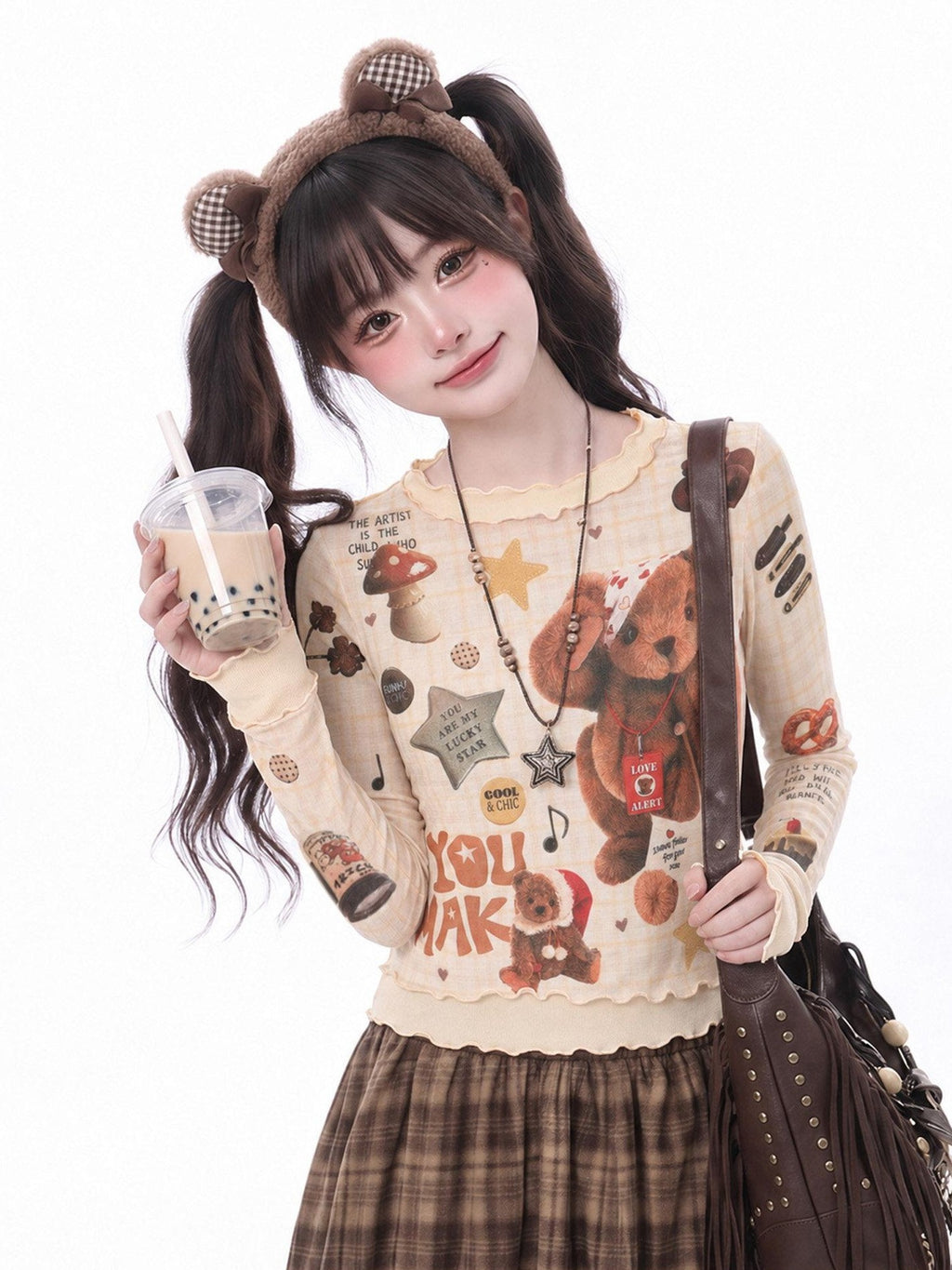 LaceBravo Vintage Bear Print Lettuce Trim Slim Fit Women's Long Sleeve T-shirts