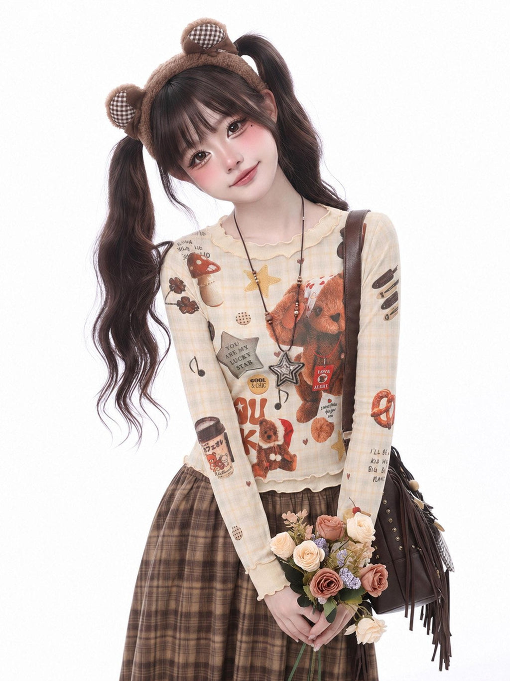 LaceBravo Vintage Bear Print Lettuce Trim Slim Fit Women's Long Sleeve T-shirts