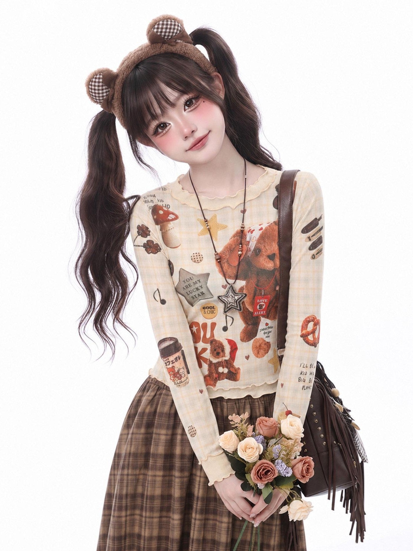LaceBravo Vintage Bear Print Lettuce Trim Slim Fit Women's Long Sleeve T-shirts