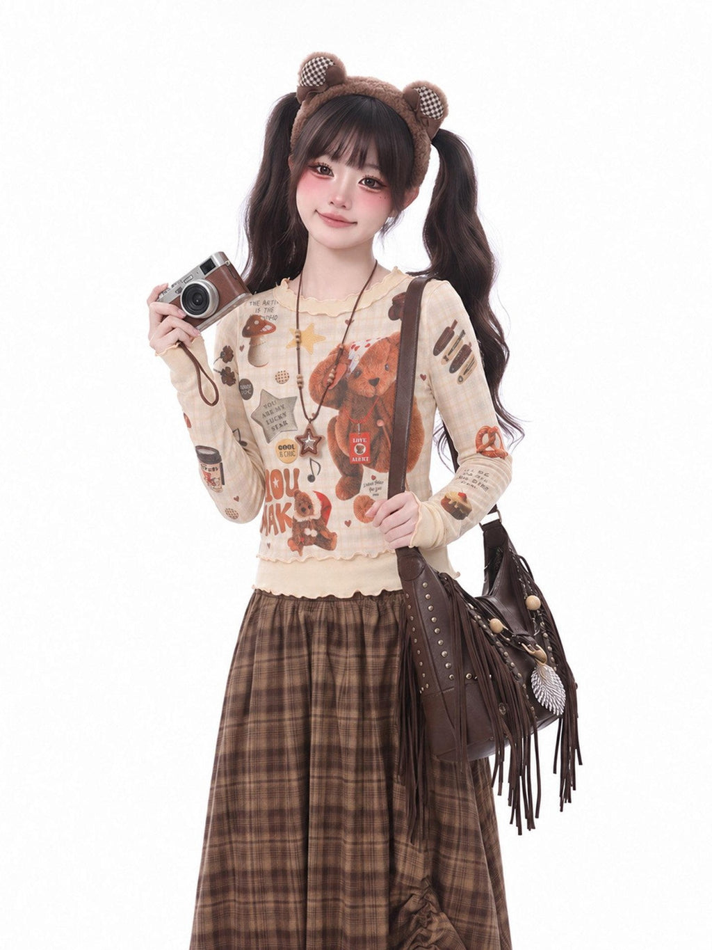 LaceBravo Vintage Bear Print Lettuce Trim Slim Fit Women's Long Sleeve T-shirts