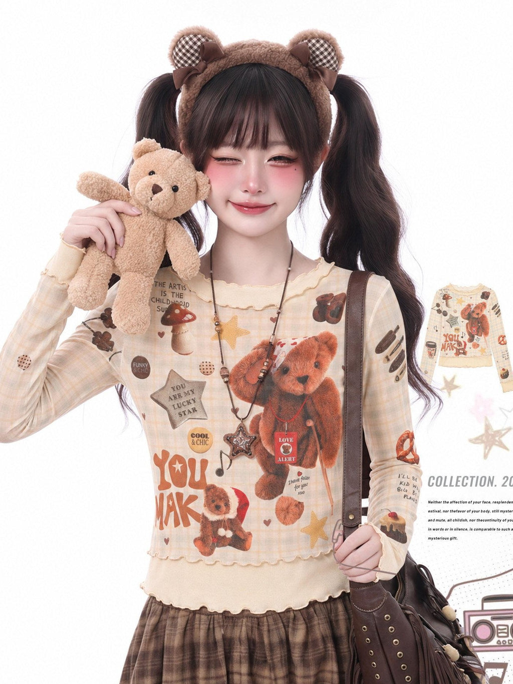 LaceBravo Vintage Bear Print Lettuce Trim Slim Fit Women's Long Sleeve T-shirts