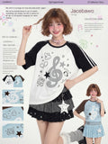 LaceBravo_Vintage_Music_Note_Print_Contrast_Raglan_Sleeves_Women's_Short_Sleeve_T-shirts_1049471074782_MISSTT