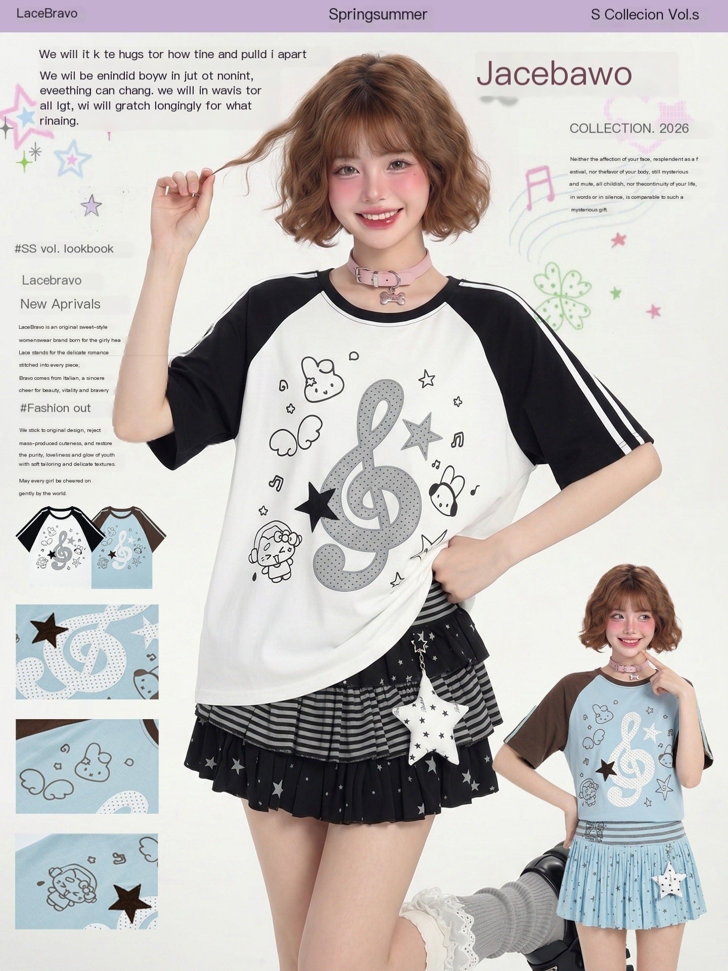 LaceBravo_Vintage_Music_Note_Print_Contrast_Raglan_Sleeves_Women's_Short_Sleeve_T-shirts_1049471074782_MISSTT