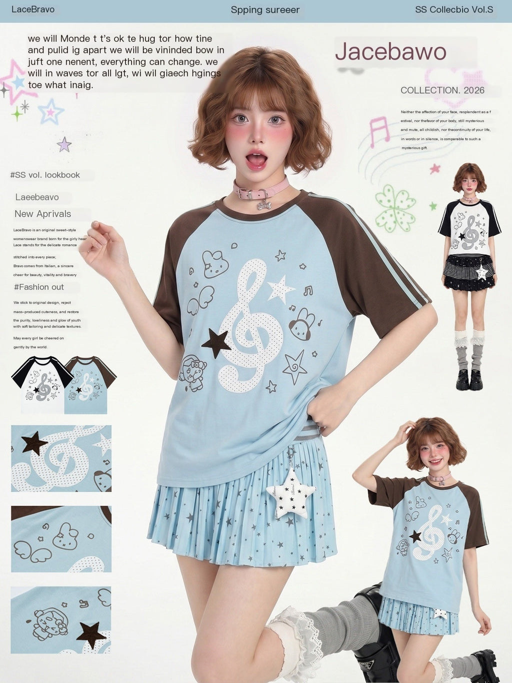 LaceBravo_Vintage_Music_Note_Print_Contrast_Raglan_Sleeves_Women's_Short_Sleeve_T-shirts_1049471074782_MISSTT