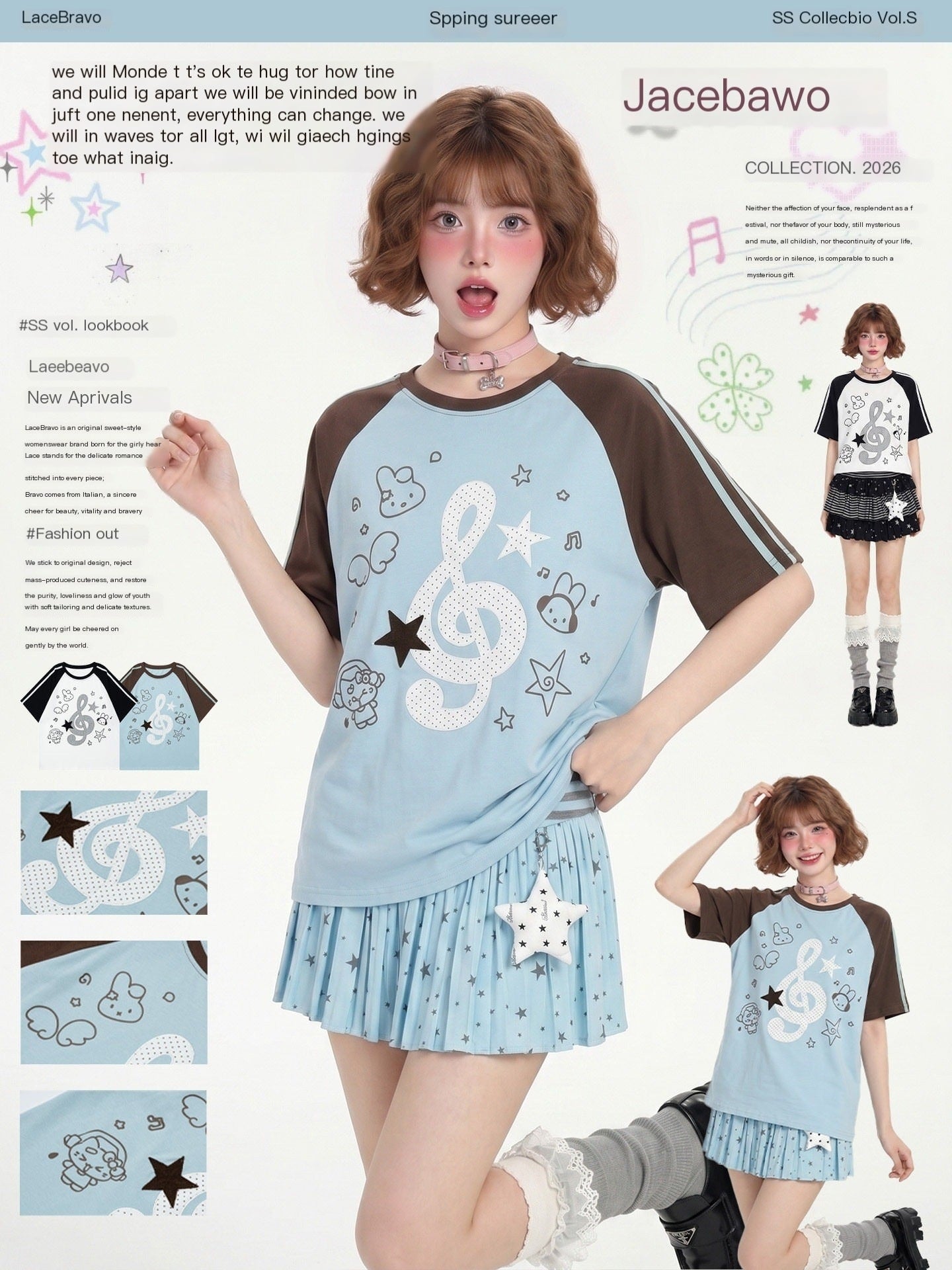 LaceBravo_Vintage_Music_Note_Print_Contrast_Raglan_Sleeves_Women's_Short_Sleeve_T-shirts_1049471074782_MISSTT