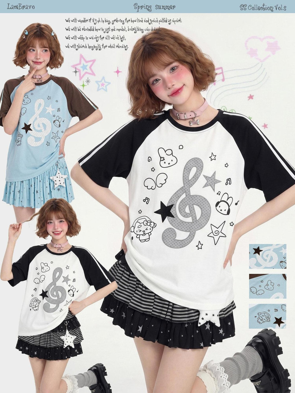 LaceBravo Vintage Music Note Print Contrast Raglan Sleeves Women's Short Sleeve T-shirts