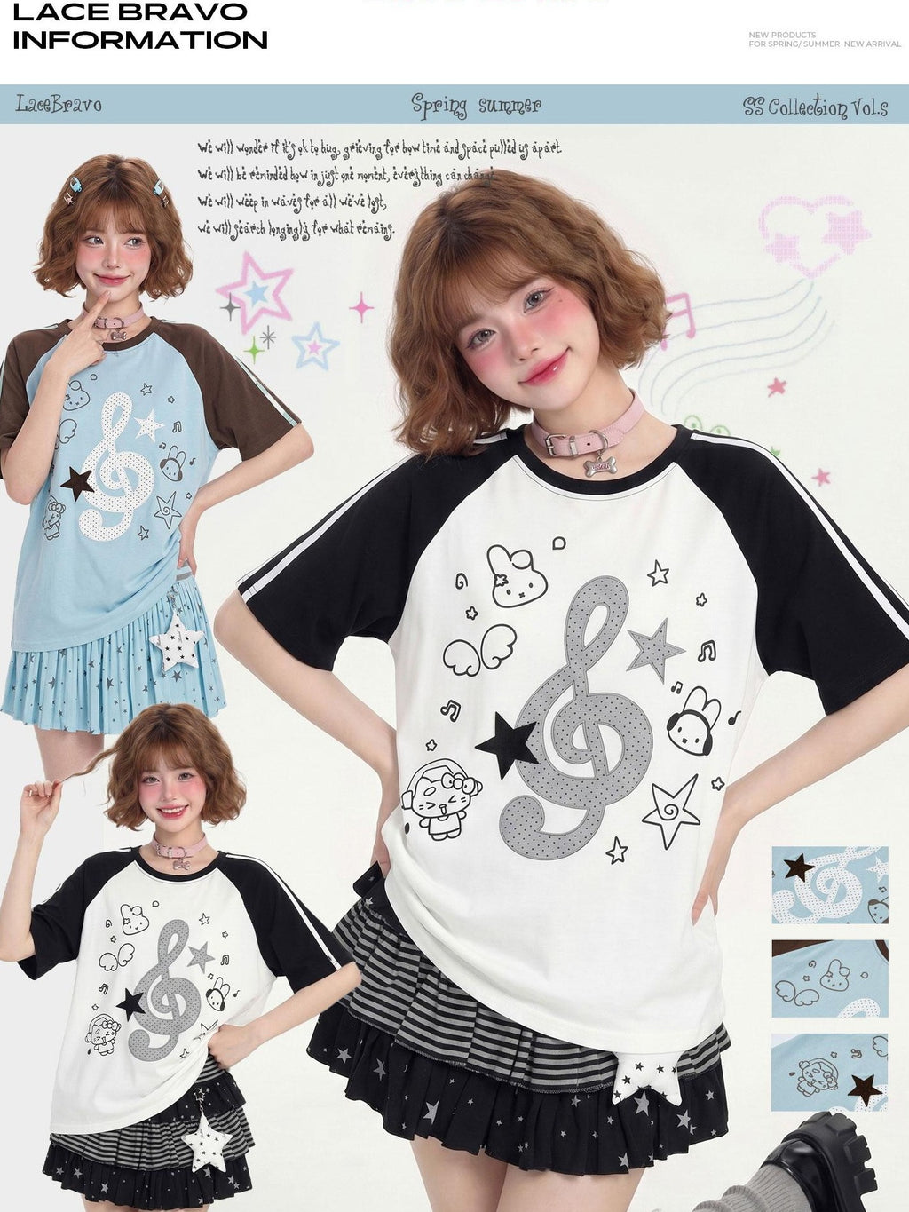 LaceBravo Vintage Music Note Print Contrast Raglan Sleeves Women's Short Sleeve T-shirts