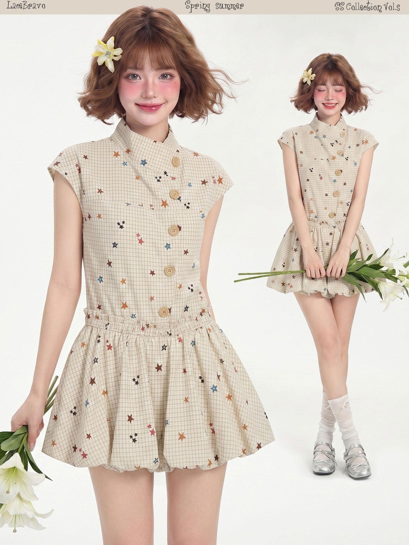 LaceBravo Vintage Sweetheart Star Check Waist Cinching Aline Women's Casual Mini Dresses
