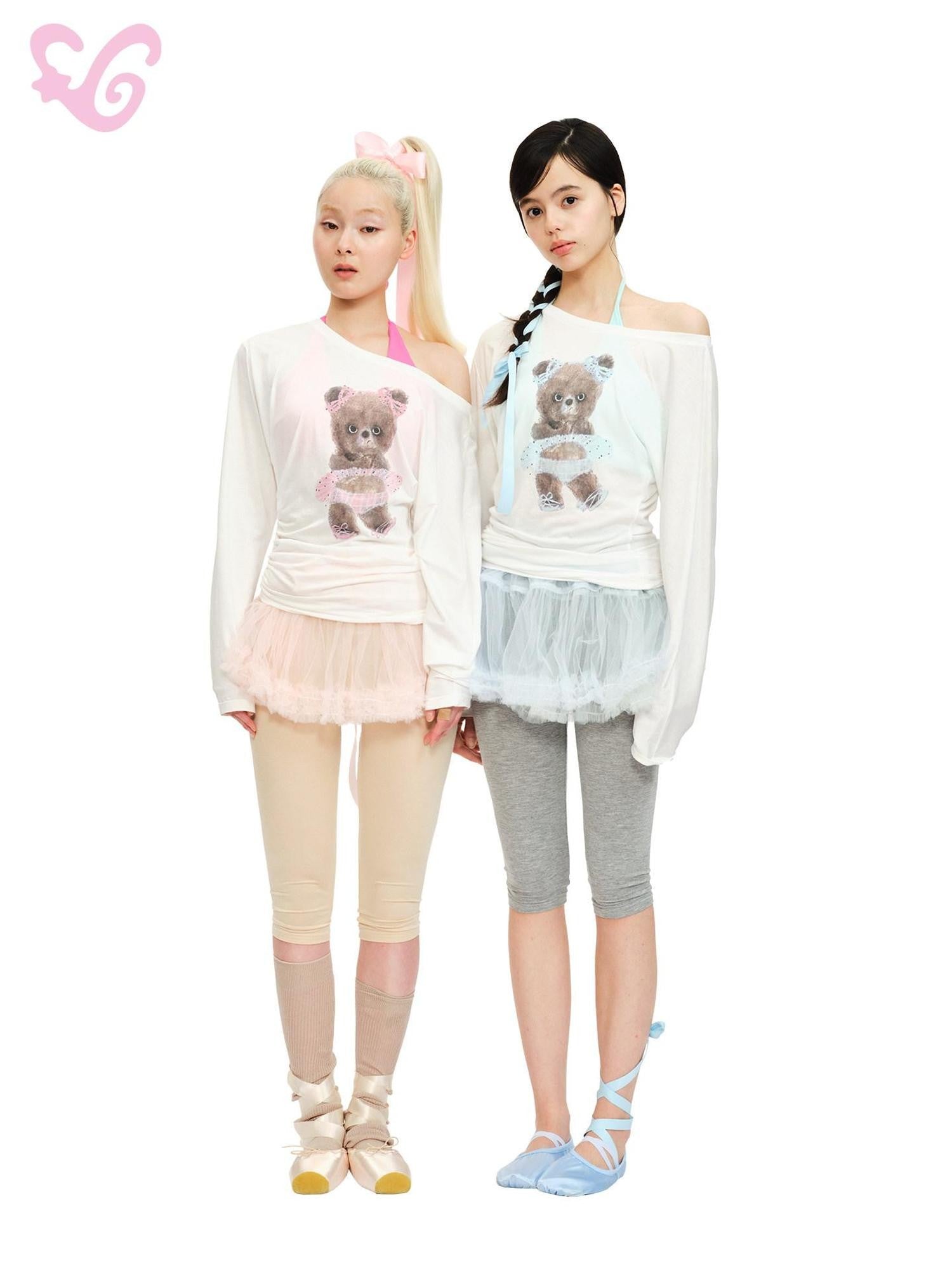 MOF Angry Bear Print One Shoulder Sheer Cropped Women's Modal Long Sleeve T-shirts