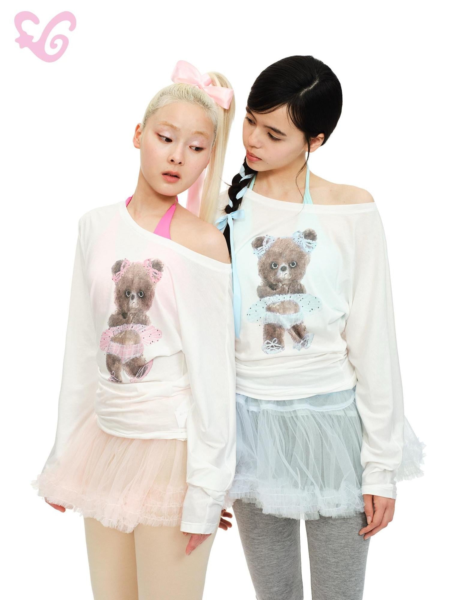 MOF Angry Bear Print One Shoulder Sheer Cropped Women's Modal Long Sleeve T-shirts