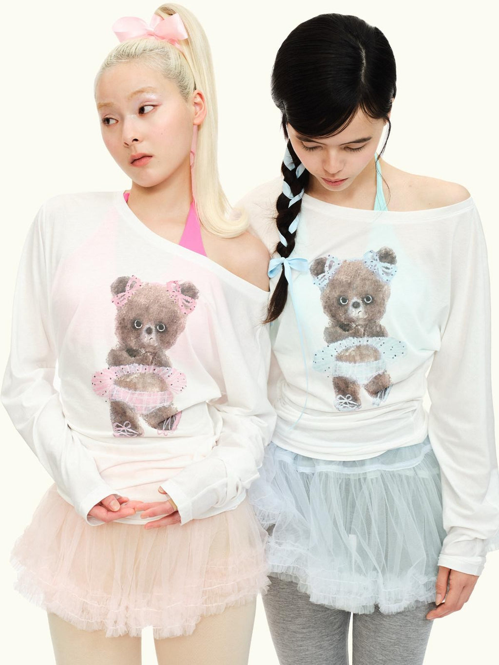 MOF Angry Bear Print One Shoulder Sheer Cropped Women's Modal Long Sleeve T-shirts